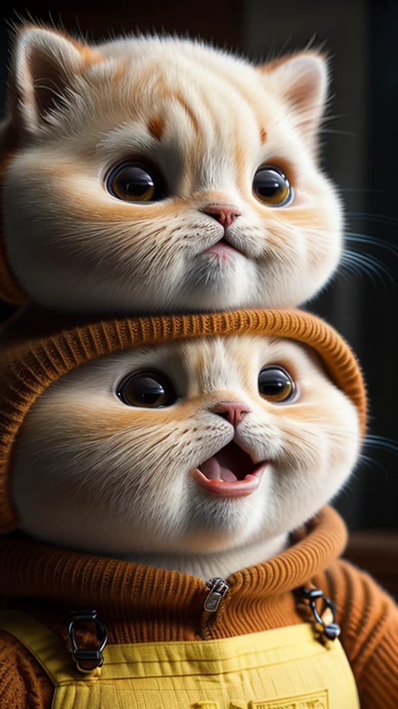 Cat, orange, Fat, Garfield, no_human, Depth of written boundary, Disney Style, dark_Grams, wearing overalls_Grams, Deep Shadow, (dark: 1.4), (8K, RAW Photos, Highest quality, masterpiece: 1.2), Mouth wide open, happy expression
