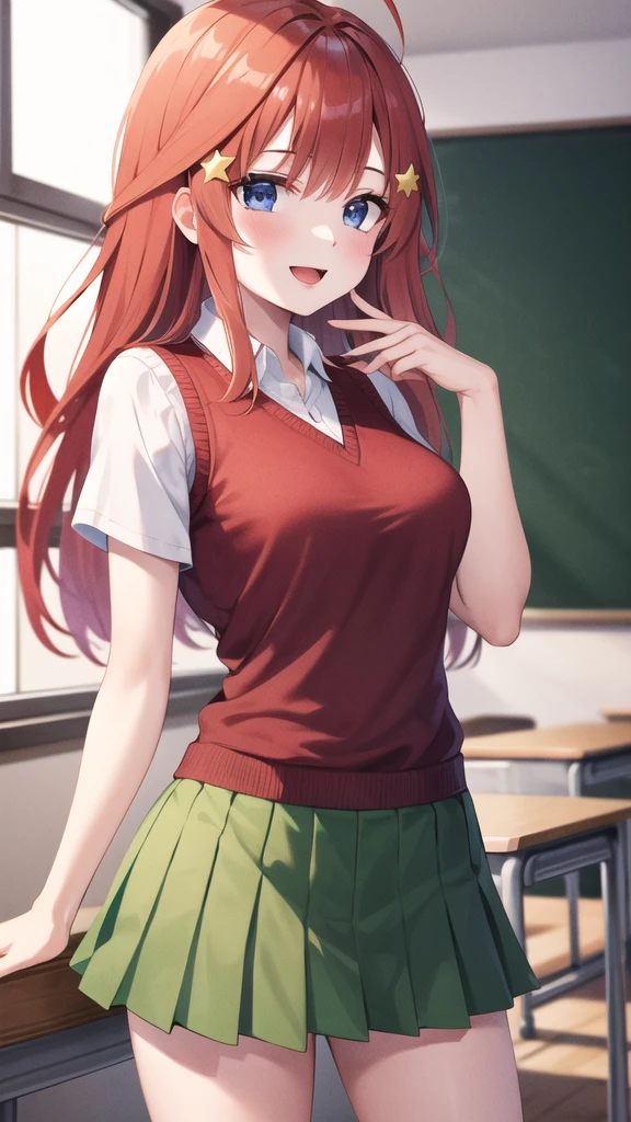 masterpiece, best quality, highres, aaitsuki, long hair, ahoge, star hair ornament, , red sweater, sweater vest, short sleeves, green skirt, pleated skirt, classroom, indoors, smile, open mouth, standing, cowboy shot, hand down