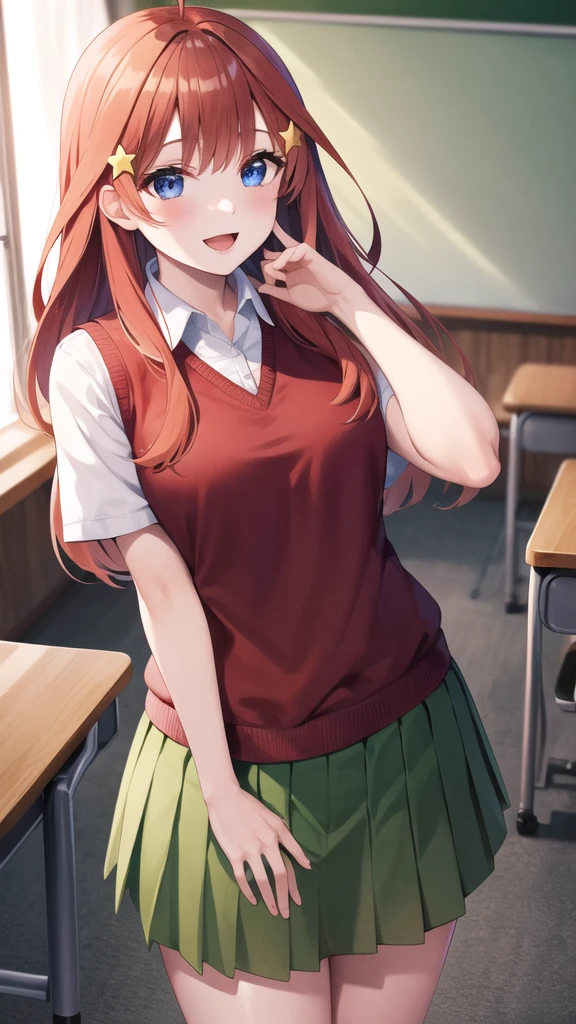 masterpiece, best quality, highres, aaitsuki, long hair, ahoge, star hair ornament, , red sweater, sweater vest, short sleeves, green skirt, pleated skirt, classroom, indoors, smile, open mouth, standing, cowboy shot, hand down