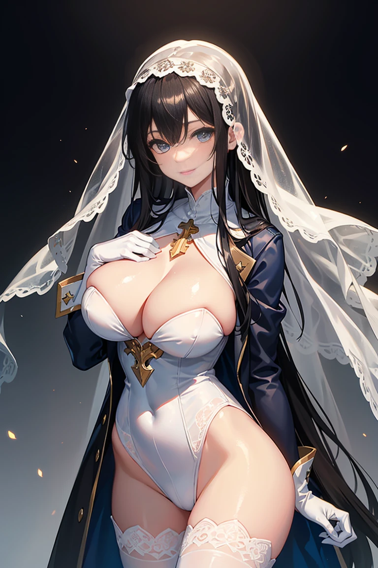 (masterpiece, Side light, Fine and beautiful eyes: 1.2), Fresh skin,((alone)),(((Shiny long black hair))),(Blue eyes),The corners of the eyes are drooping,(Highly detailed skin),(Perfect body),Beautiful woman,Large Breasts,((A dreamlike navy blue jacket dress that covers the chest)),(Sheer navy blue lace),(((White Veil))),(Elbow-length white gloves),White lace pantyhose,Gold cross around neck,Beautiful cleavage, ,形の良いLarge Breasts , Beautiful breasts, smile, Pink Rouge, Blue Eyes,,(((breast enhancement))).Long, slender limbs,