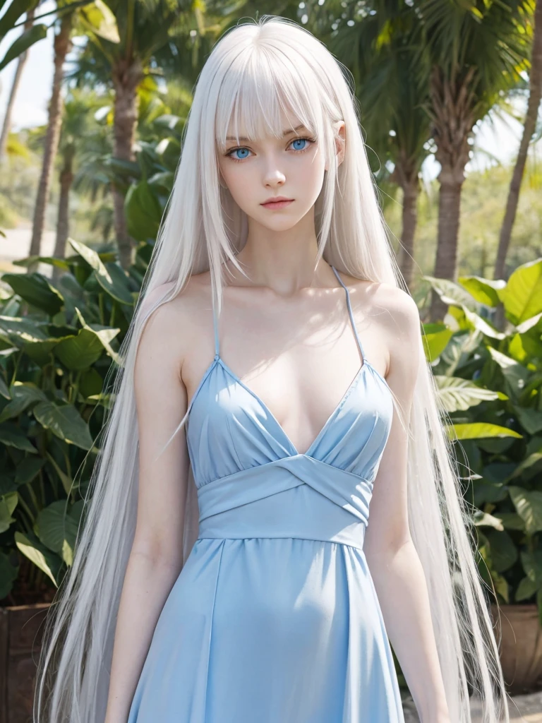 (best quality), 1girl, female, pale skin, white hair, long hair, swept bangs, straight hair, blue eyes, perfect eyes, slender, flat chest, shy, blue dress, masterpiece, anatomically correct, highres