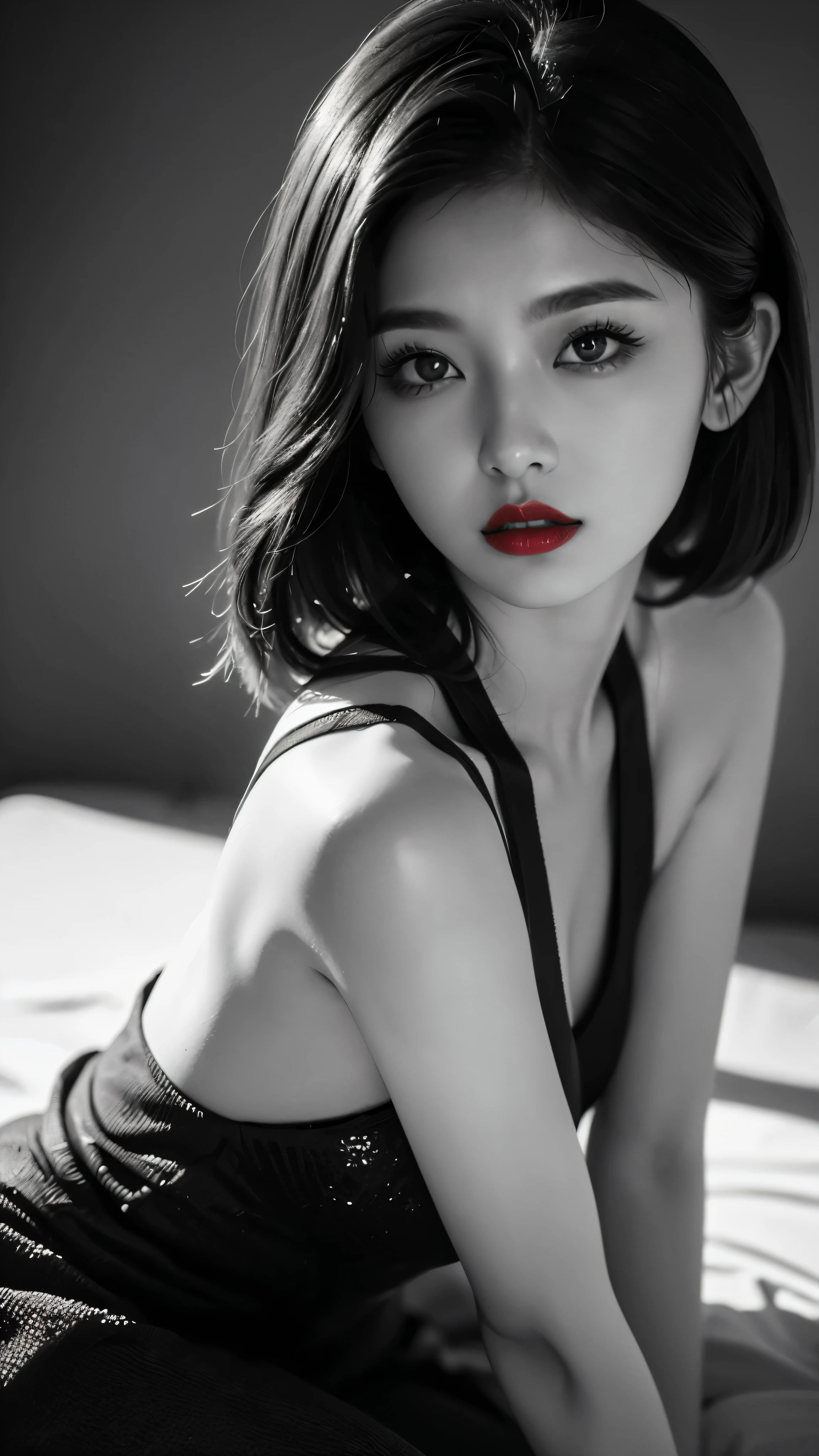 (((Black and White Art:1.2、Black and white photo、RAW photos、Film Grain)))、Beautiful woman、Small nose、((Full lips、Sexy red lips:1.3))、Attractive hairstyle、skirt、best quality、high resolution、high resolution、light、Black and white photo、Professional photographer