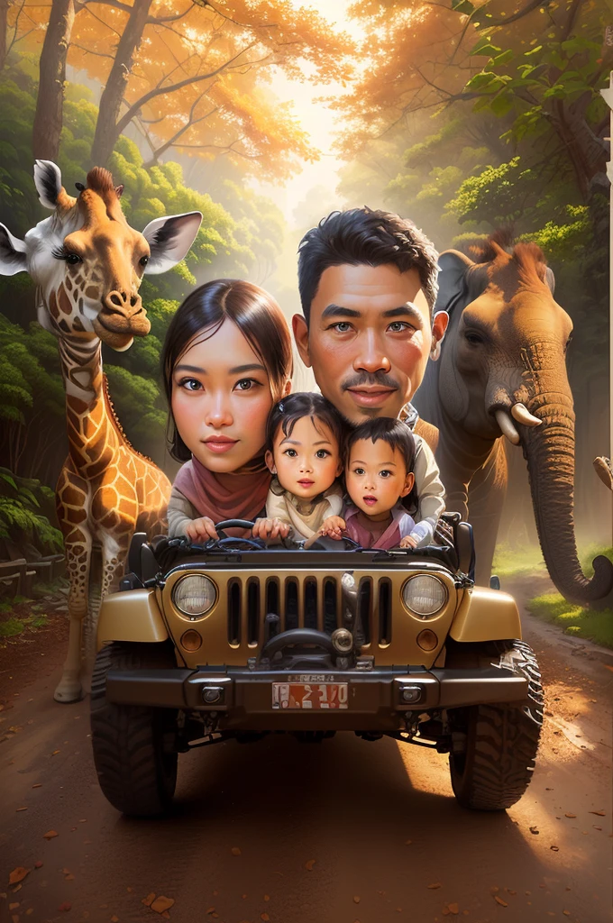 there is a picture of a family in a jeep with a giraffe, realistic cartoon, an indonesian family portrait, caricature illustration, in cartoon style, cartoon digital art, digital art cartoon, cartoon artstyle, cartoon art, cartoon digital painting, digital cartoon painting art, cartoon art style, cartoon painting, potrait, cartoon style illustration, caricature style, photorealistic!!!!!!! art style