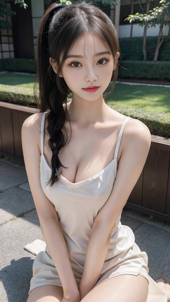 collared dress,European park,On the lawn,One woman,masutepiece, The highest image quality, High quality, the background is clear,Beautiful woman, Japanese,Ultra-detailed, finely detail, hight resolution, 8K Wallpaper, Perfect dynamic composition, Beautiful detailed eyes , Detailed, Detailed eyes, Detailed skin, Beautiful skin, 超hight resolution, (reality: 1.4),Very beautiful woman, Slightly younger face, Beautiful skin, slender, (Ultra photo realsisim), (hight resolution), (8K), (Very detailed) (beautifully detailed eyes), (super detailed), (Detailed face), view the viewer, Fine details, Detailed face, Staring straight ahead, Staring straight ahead, photos realistic, Bright lighting, Professional Lighting, Black hair,poneyTail,a baby face,sixteen years old,Hairstyle: ponytail,Long ponytail hairstyle,slight smile,neat and tidy clothing,Beautiful Japanese KPOP idol photo, hair style is ponytail, my eyes are double and wide, baby face, smile and look straight ahead, slender, small breasts,Close up face,