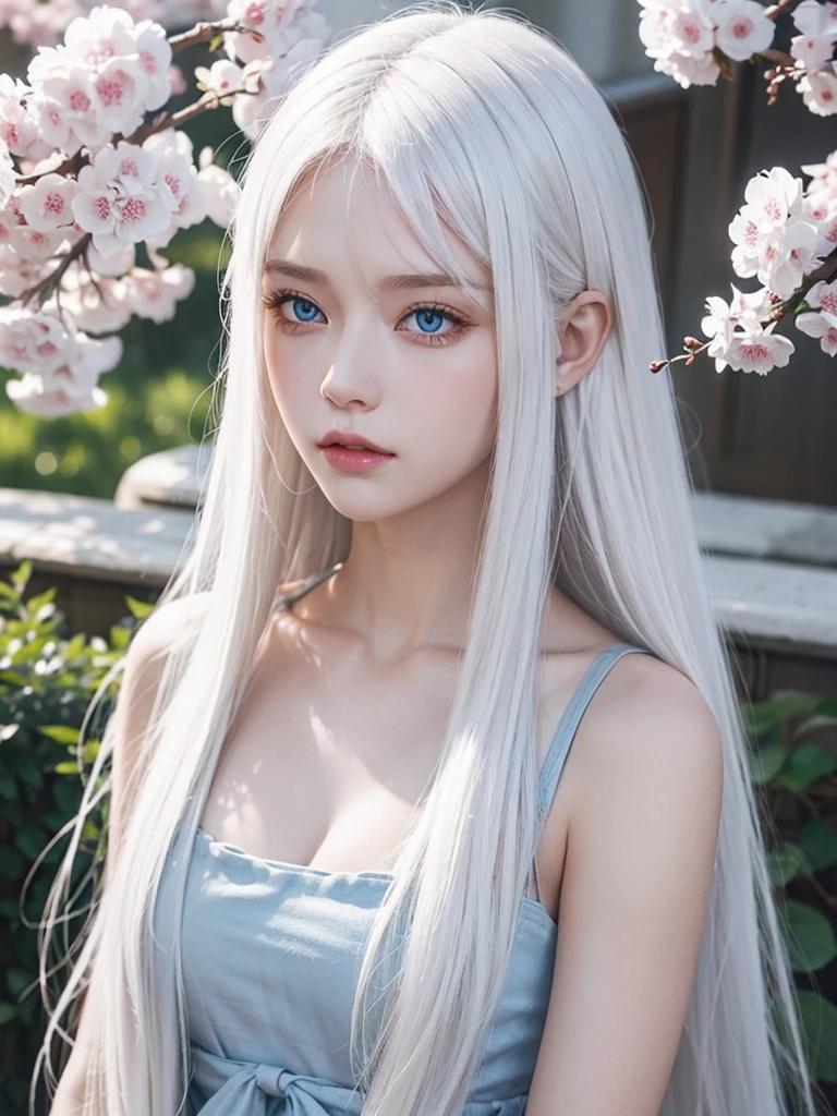 Long white hair, blue eyes, serious features, white skin, Sakura 