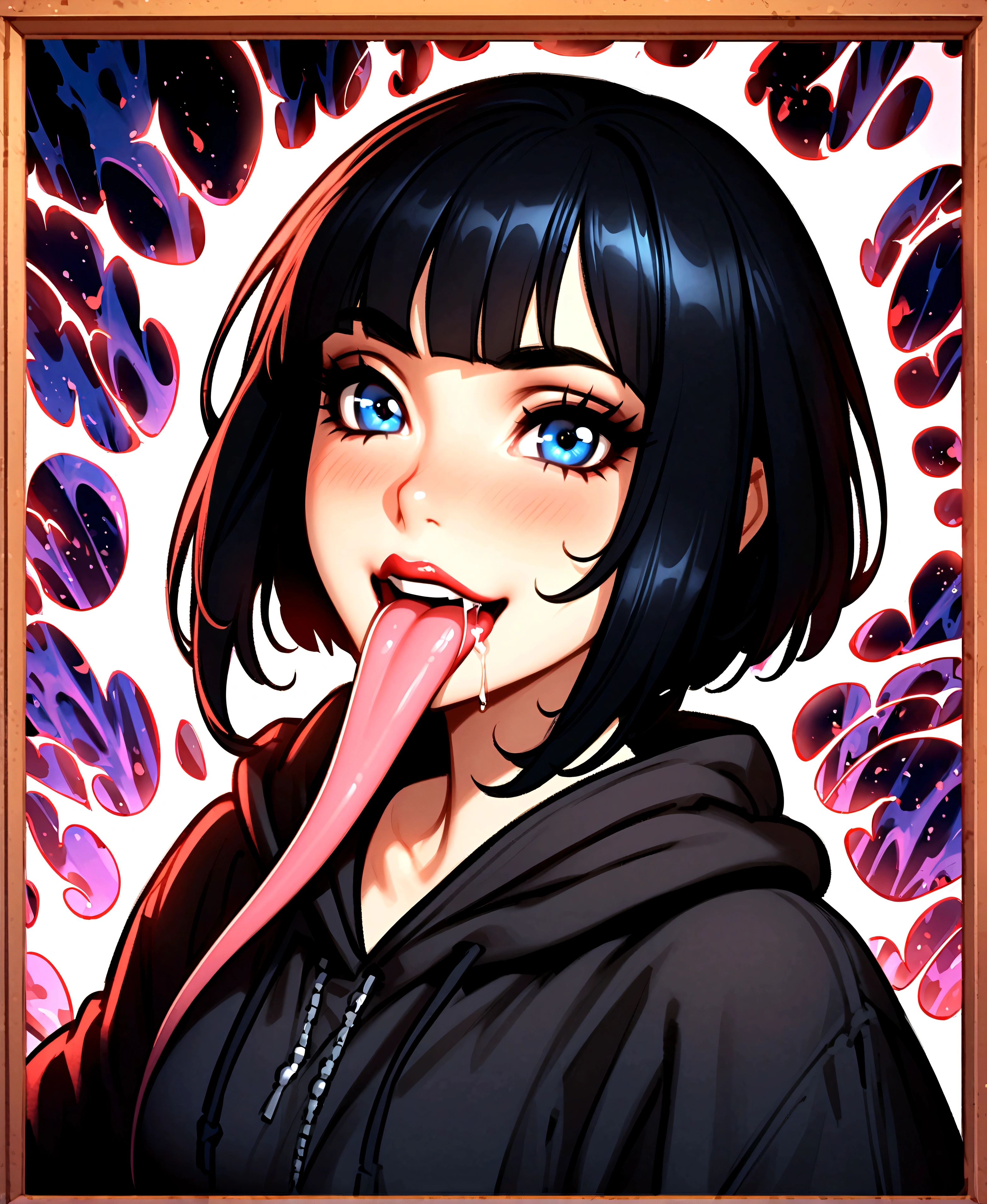 zPDXL2、Rating_Express、2d、buclick、One girl、Saliva trace、Tongue out、flap、Open your mouth、Staring at the audience、Drooling、lipstick、Long Tongue、Close-up、Drip of saliva、Hinata Hyuga from Naruto、Black Hair、hoodie、heart、Grin、Abstract background、aura、boundary line、外側のboundary line、blushyspicy
