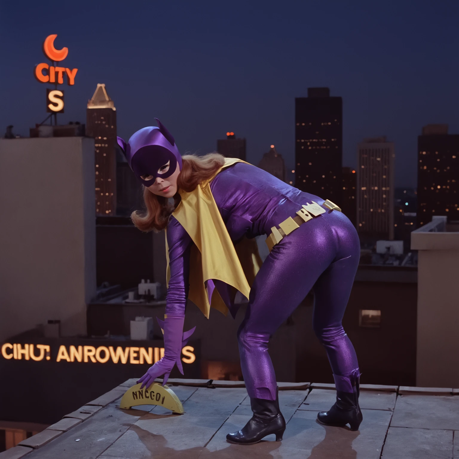 yvonne craig woman, crouching on top of a rooftop at nightime, background of city buildings, big neon ads, 60's style, analog film, snapshot, film grain  