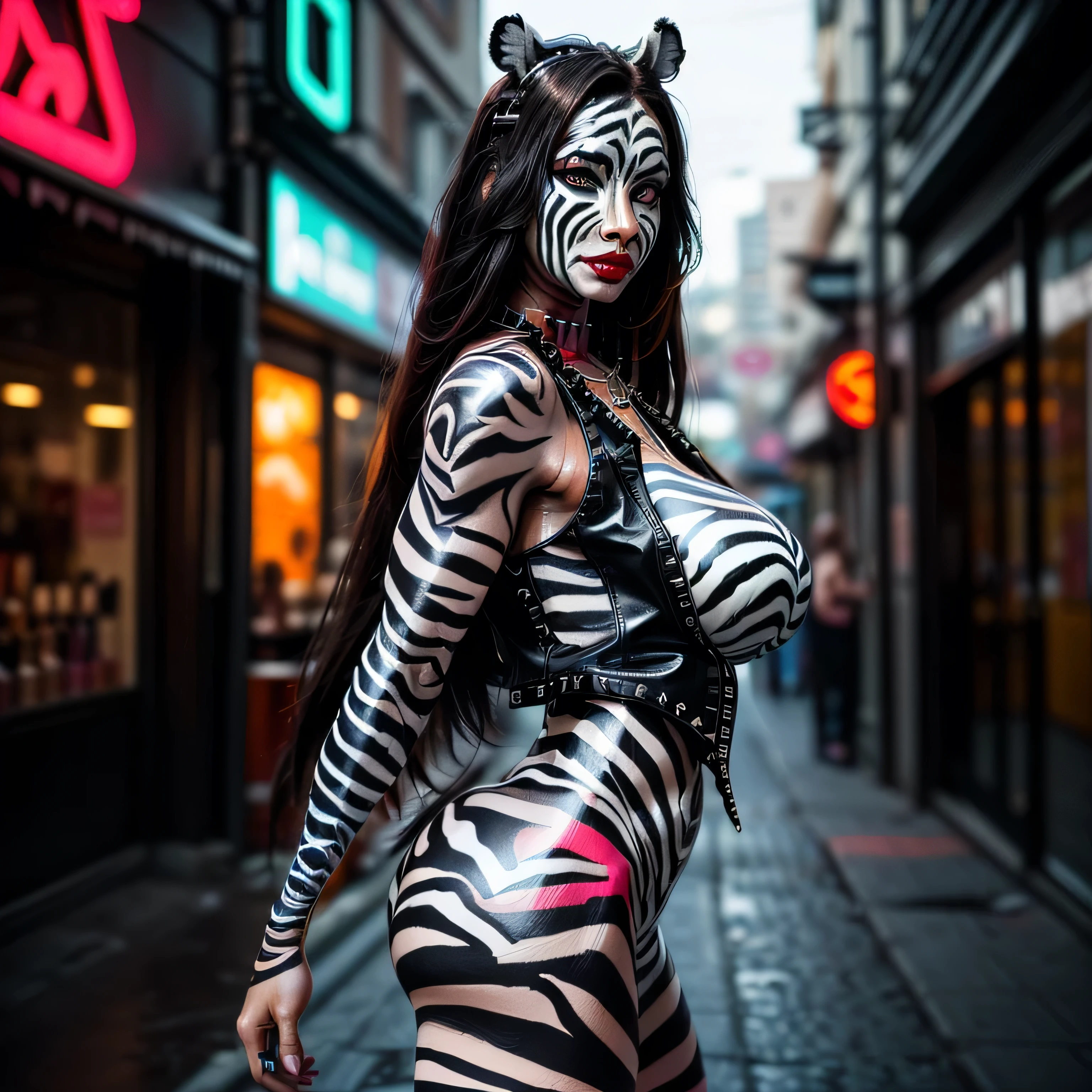 (masterpiece, photorealistic:1.4, extremely intricate:1.3), (photon mapping, radiosity, physically based rendering, ultra resolution, hyper-realistic, 8K), ((mature female, [bodybuilder:supermodel:0.8], ((([large breasts:medium breasts:0.4], black leather vest, chrome rivets, ((zebra bodypaint), topless)), ruby necklace, serious, sad, 30 years old, elegant:1.2)), long eyelashes, [side view:from above:0.3], ((makeup:1.2, red lips)), [skin detail:freckles:0.8]), ((background futuristic neon cyberpunk city street)) professional photograph, (((straight long hair [black hair:bright orange hair:0.6])))), BREAK ((sharp focus, dramatic, award winning, cinematic), bokeh, blurry background, interaction, metal reflections), bright eyes