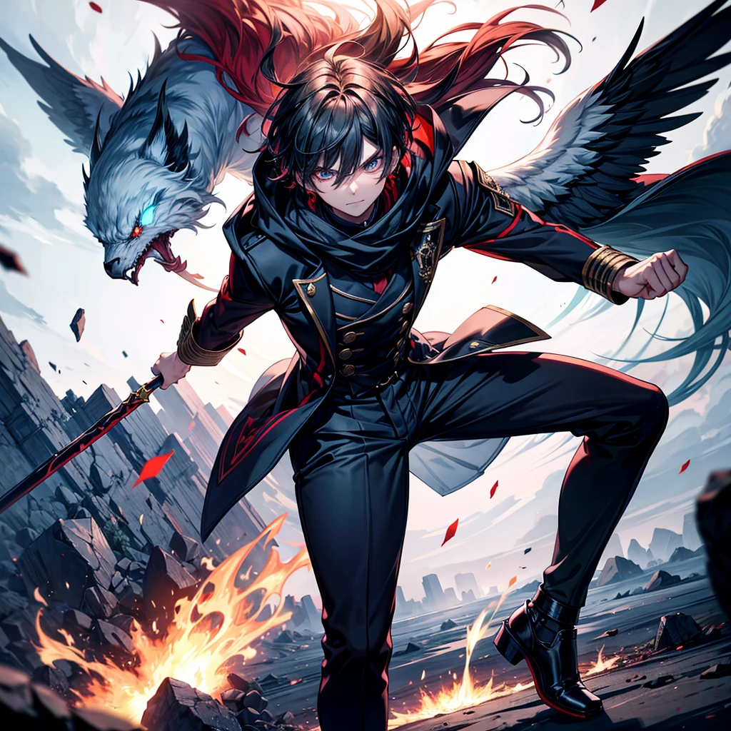 ((Highest quality)), ((masterpiece)), (detailed),
Create an intense battle scene between two characters, Kai and Magnus. Kai is a young male high school student with short black hair, dark blue eyes, and a moderately muscular build. He wears a simple white shirt and dark trousers, and is holding a knife in a ready position. His face has a few small blood splatters, and he has a determined yet calm expression, with a slight smile.
Magnus is a sinister dark mage with a menacing appearance. He has sharp, glowing eyes, and is clad in a tattered black robe adorned with ancient magical runes. His face is partially hidden by a hood, and he wields a staff topped with a glowing red gemstone, from which flames emanate. His posture is slightly hunched, adding to his eerie presence.
Background: Set in a dark, eerie forest or a ruined ancient temple, with shadows and flickering lights enhancing the ominous atmosphere. Include elements like burning trees, shattered stone structures, and magical symbols glowing on the ground.
Action and Expression: Kai lunges forward, knife gleaming, with a fierce and focused expression. Magnus retaliates by raising his staff, flames bursting forth. Their movements should be dynamic and fluid, capturing the intensity of the battle. Kai's slight smile should reflect his confidence and readiness, while Magnus's eyes should glow with malicious intent, his expression twisted in a wicked grin.
Additional Details: The background should complement the intense battle, with dramatic lighting and shadows that highlight the fierce conflict. Embers from the flames and glowing magical runes should add to the sense of motion and danger. The overall scene should be charged with energy, capturing the high stakes and relentless action of the fight.