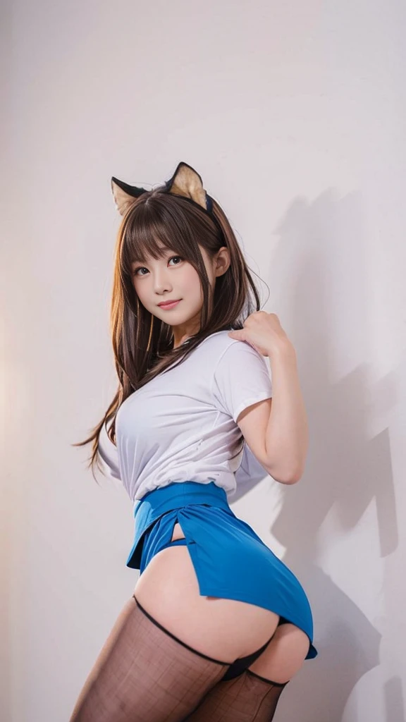 《Street Fight II》Chun-Li wears a Thai student uniform.,The neckline opened to reveal sexy breasts.,very short black skirt,fighting posture,Masterpiece、1 beautiful girl、beautiful eyes、Bags under the eyes、best quality, 超high resolution, (reality: 1.4), light、Japan、Asian beauty、Korea、It's so beautiful.、Beautiful skin、body facing forward、close-up photo of face、(超reality的な)、(high resolution)、(8K)、(very detailed)、(美しくbeautiful eyes)、(Awesome details)、 (wall-)、delicate face、明亮的light、Professional lighting、looking at the audience、direct vision、side edge、Nogizaka Idol、Korea Idol、Masterpiece, best quality, Masterpiece, best quality, perfect face, Perfect brown eyes and whites, Bad move -5, lonely, 1 woman, upper body, brown hair, From SF2, Chinese service, smile, muscular woman, blue clothes, tights, Pelvic curtain, puffy short sleeves, sash, estimate: