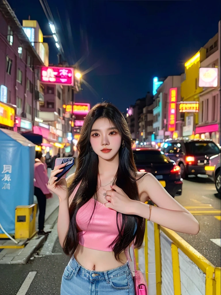 woman in pink top and jeans standing on street corner with cell phone, asian girl with long hair, 24 year old female model, 8k selfie photograph, shot on nikon z9, 8k artgerm bokeh, street pic