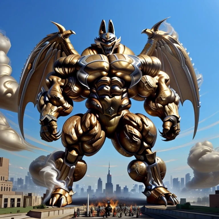 (Solo. masterpiece. official art. 8k. best quality. detailed full body. full body.) (situation 1 : dominating Shiny_Mega_Lucario. Shiny_Mega_Lucario is over 1000 meters long. focus GIANT mechanical Muscular Shiny_Mega_Lucario is trampling the city. Looking down. macro. stomp. Low-angle perspective. emphasizing the immense size.)

(situation 2 :smoke and flames rising from the destruction in the city)

(Additional details 1: wearing a full-face helmet. golden armor. garo. high-tech bio-mecha armor. real texture material. whole body shines like metal. Wearing cyberpunk mecha. emphasizes the muscles. suit fully made of metal. suit fully made of metal. cyborg.).

(Additional details 2: (Detailed head. Detailed Body. Detailed abs. gigantic muscles. HYPER MUSCLES. Gigachad Muscular. big muscle. pecs. triceps. traps. unusually developed muscular body. body full of huge muscles. showing off muscles. pectorales enormes. Exaggeratedly huge muscles. huge muscles. long legs.).

(Additional details 3: Spread wings. It has wings. have big wings. The claws are sharp. Sharp teeth).