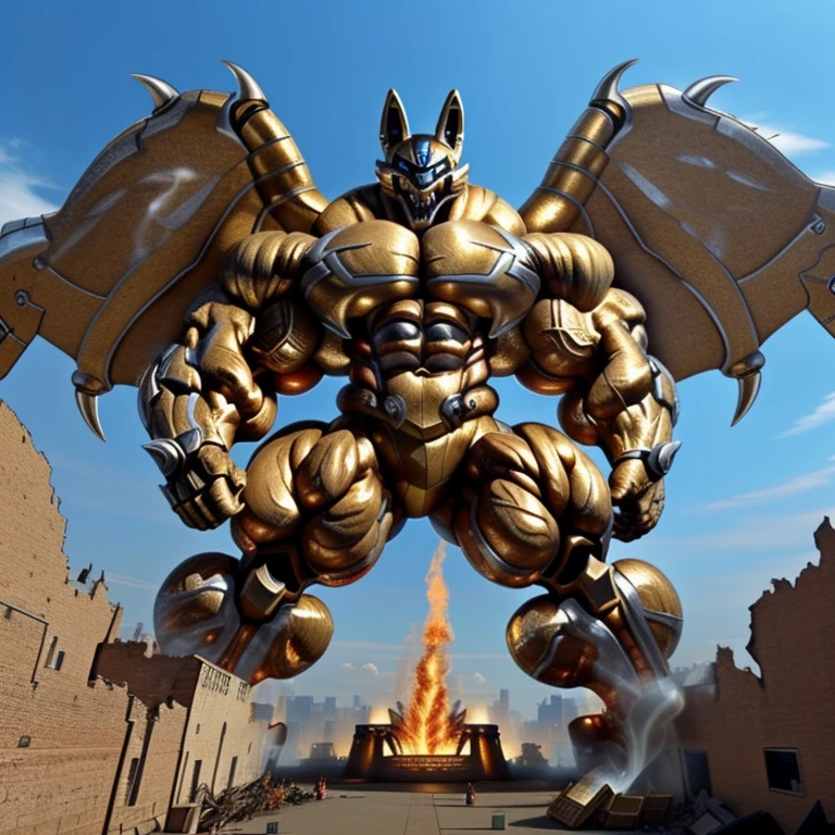 (Solo. masterpiece. official art. 8k. best quality. detailed full body. full body.) (situation 1 : dominating Shiny_Mega_Lucario. Shiny_Mega_Lucario is over 1000 meters long. focus GIANT mechanical Muscular Shiny_Mega_Lucario is trampling the city. Looking down. macro. stomp. Low-angle perspective. emphasizing the immense size.)

(situation 2 :smoke and flames rising from the destruction in the city)

(Additional details 1: wearing a full-face helmet. golden armor. garo. high-tech bio-mecha armor. real texture material. whole body shines like metal. Wearing cyberpunk mecha. emphasizes the muscles. suit fully made of metal. suit fully made of metal. cyborg.).

(Additional details 2: (Detailed head. Detailed Body. Detailed abs. gigantic muscles. HYPER MUSCLES. Gigachad Muscular. big muscle. pecs. triceps. traps. unusually developed muscular body. body full of huge muscles. showing off muscles. pectorales enormes. Exaggeratedly huge muscles. huge muscles. long legs.).

(Additional details 3: Spread wings. It has wings. have big wings. The claws are sharp. Sharp teeth).