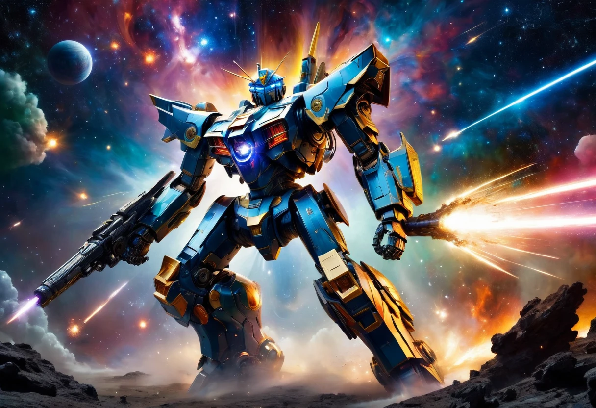 Imagine a scene in outer space. A highly intricate mecha, reminiscent of popular intergalactic robots, stands tall. Its metallic surfaces reflect the distant stars, and it has an intimidating aura. It is locked in a fierce battle with a warrior draped in colourful armor, reminiscent of classic 1990s live-action television superheroes. The two figures are locked in an intense combat, the stars and galaxies providing a breathtaking backdrop. Energy blasts and sparks fly, while the distant stars and galaxies provide an ethereal backdrop.