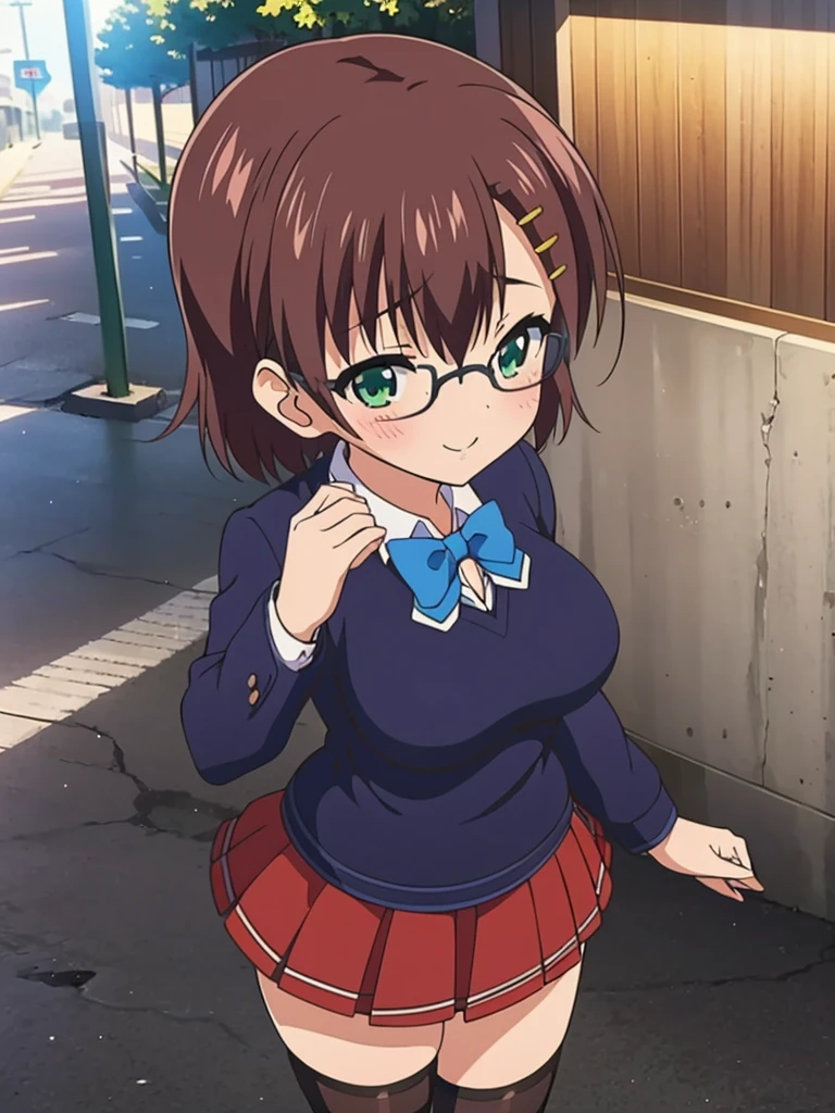 score_9, score_8_up, score_7_up, source_anime,
pinup of 1girl solo, dating, smile, blush, fov, looking up, looking at viewer,
outdoors, street, lamppost, day, sunbeam,
mekwmk, short hair, brown hair, bangs, green eyes, large breasts, medium breasts,
red eyewear, semi-rimless eyewear, , blazer jacket, bowtie, grey skirt, black thighhighs, zettai ryouiki,
detailed eyes,