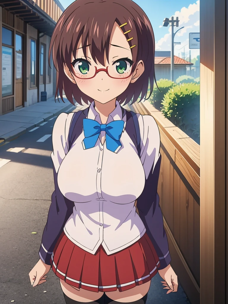 score_9, score_8_up, score_7_up, source_anime,
pinup of 1girl solo, dating, smile, blush, fov, looking up, looking at viewer,
outdoors, street, lamppost, day, sunbeam,
mekwmk, short hair, brown hair, bangs, green eyes, large breasts, medium breasts,
red eyewear, semi-rimless eyewear, , blazer jacket, bowtie, grey skirt, black thighhighs, zettai ryouiki,
detailed eyes,