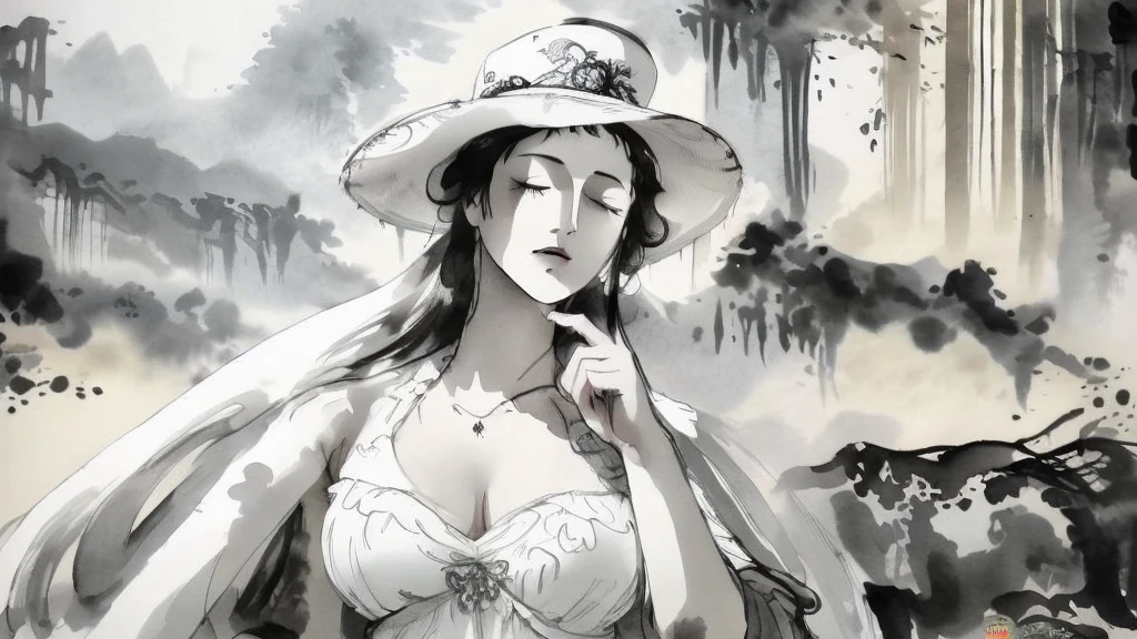 black and white tones:1.3, masterpiece, best quality, tradition chinese ink watercolor paintings:1.2, use thick and light inks to create light and dark changes and layers, a beautiful 20s russian model, ultra detailed face, eye closed
