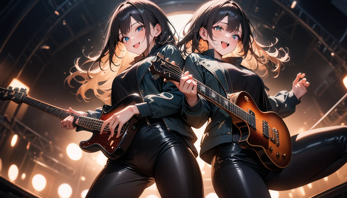 2girls, (back-to-back), playing electric guitar, jacket, tight pants, excited, flexible, cute eyes, from below, black lighting, music stage, masterpiece, best quality, very aesthetic, newest, safe, absurdres, intricate details, exquisite textures, ultra realistic illustration, (ai-generated:0.6),  ((cinematic light)), (bloom:1.1), (happy face)