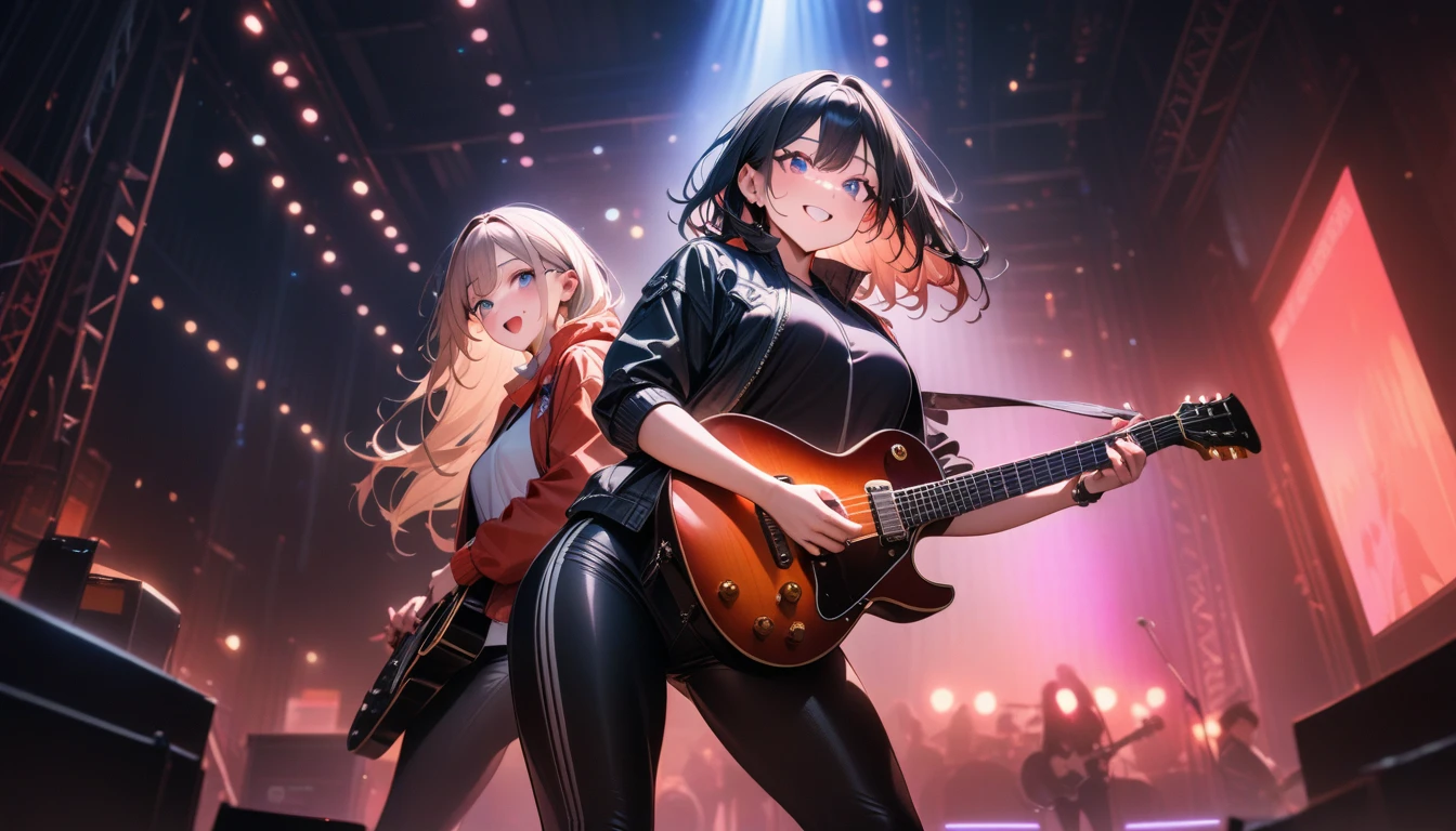 2girls, (back-to-back), playing electric guitar, jacket, tight pants, excited, flexible, cute eyes, from below, black lighting, music stage, masterpiece, best quality, very aesthetic, newest, safe, absurdres, intricate details, exquisite textures, ultra realistic illustration, (ai-generated:0.6), ((cinematic light)), (bloom:1.1), (happy face)