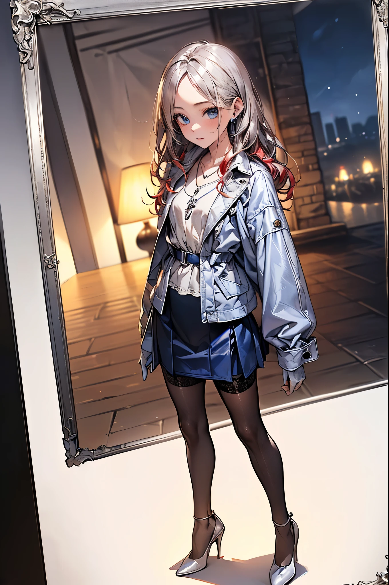 ((Biologically correct limb count))、(( Full-body photo including face))、4K、((Standing position))、masterpiece、((Focus on the face))、((Symmetrical facial features))、Eye for detailed depiction、Beautiful blue-haired woman、Excellent style、Beautiful clavicle、Beautiful feet、Beautiful Hands、Slender body、(stockings、garter belt、High heels)、Facial detailing、Small earrings、necklace、(rubber jacket、Rubber Skirt)、High heelsに照明を当てる、tie、sunny、(((White framed photo)))、Fascinating、Night street、(Low - Angle、A camera angle that captures the inside of a skirt from below)、gloves、(((Blue, red and silver hair)))