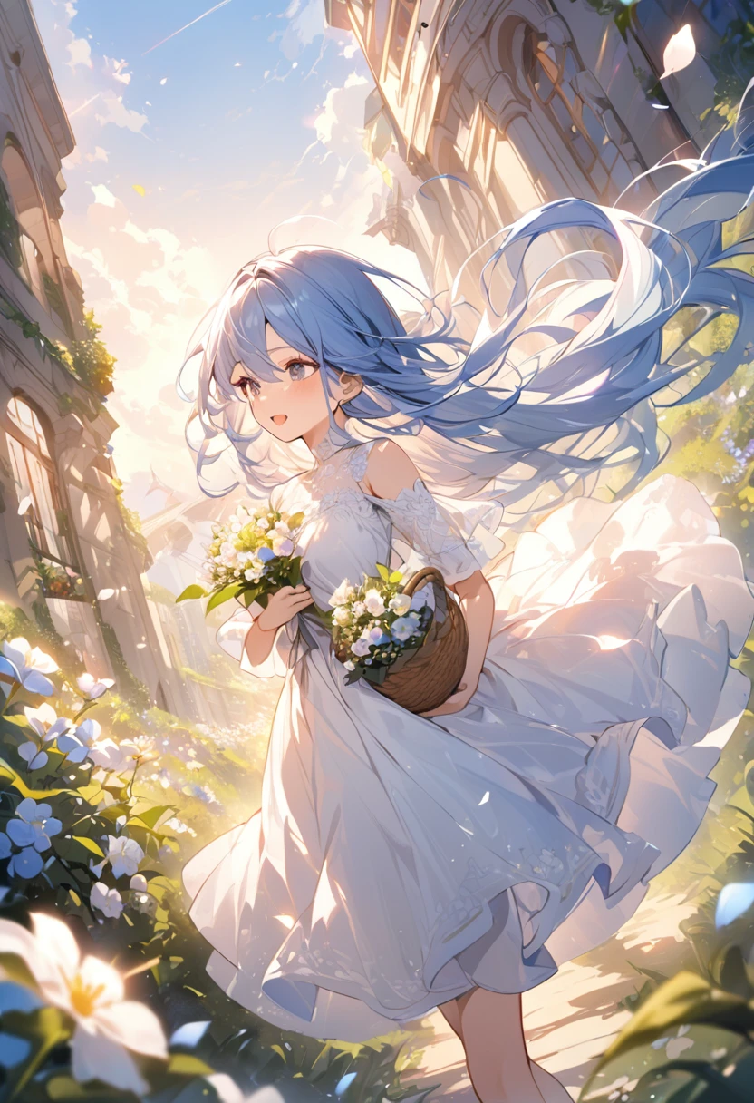 (((masterpiece)))、(((Highest quality)))、((Very detailed))、(Awareness-raising)、((Very delicate and beautiful))、Dynamic Angle、Laughter、floating、Blue Hair、(Detailed light) (1 Girl)、、Put flowers in a basket、alone、Long-haired person、The wind is blowing、world、originally、Some flowers are blooming、Nature&#39;s Maze、（wood々Tunnel）（forest）