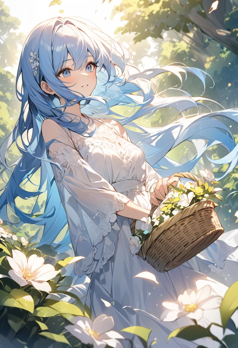 (((masterpiece)))、(((Highest quality)))、((Very detailed))、(Awareness-raising)、((Very delicate and beautiful))、Dynamic Angle、Laughter、floating、Blue Hair、(Detailed light) (1 Girl)、、Put flowers in a basket、alone、Long-haired person、The wind is blowing、world、originally、Some flowers are blooming、Nature's Maze、(wood々Tunnel)(forest)