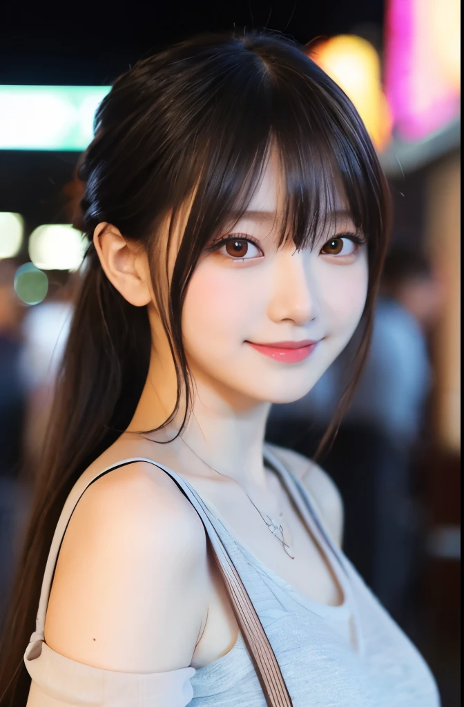 (masterpiece:1.2,Highest quality),Blur the background,1 female college student,((Cute casual clothes)),ponytail,((Gravure pose)),((Beautiful Eyes)),Blushed,Healthy Skin,(smile),(Date in Shinjuku),8K resolution