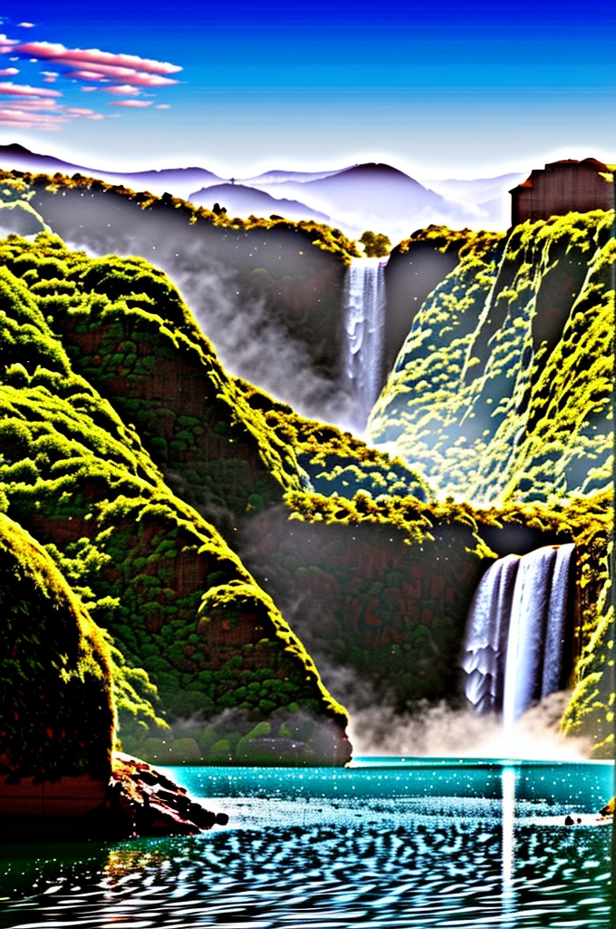 Huge castles and skyscrapers floating in the sky Cyberpunk Isekai Fantasy Top Quality Ultra High Definition Utopia 8K Giant Waterfall Mother Nature