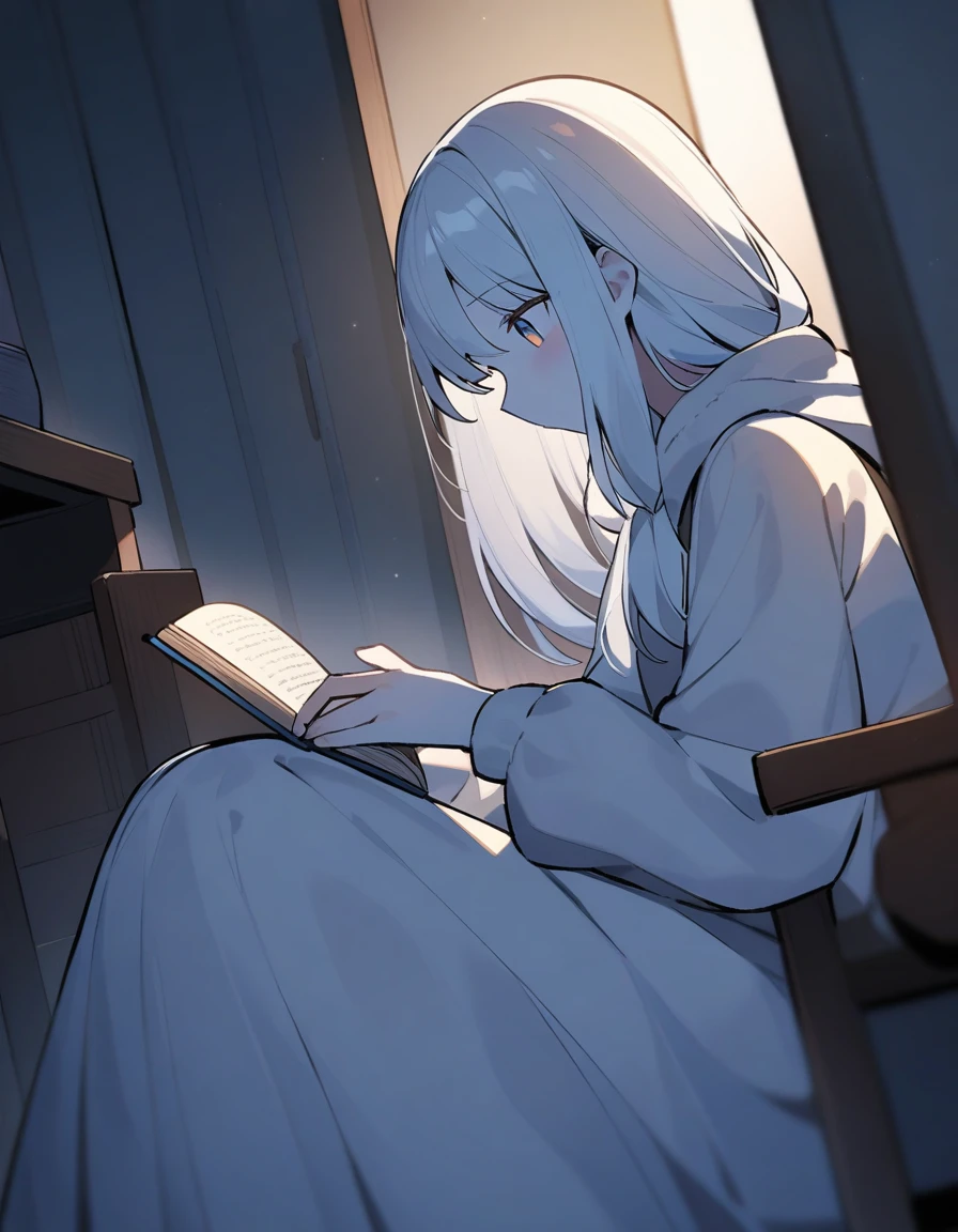 Her beautiful snow-colored hair reaches down to her waist.、A 17-year-old girl with lapis lazuli eyes, White skin, Inside the room, Reading a book