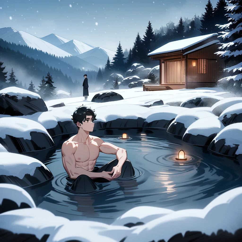 Masterpiece, best quality, very aesthetic, absurdres, create an image of anime ((male character)) and landscape in comedy shounen art style. up in the dark high mountain, in a snowy blizzard weather and freezing temperatures, there is no shelter to be found. there is only a small onsen available only. our ((male hero)), take a dip into the onsen to keep warm