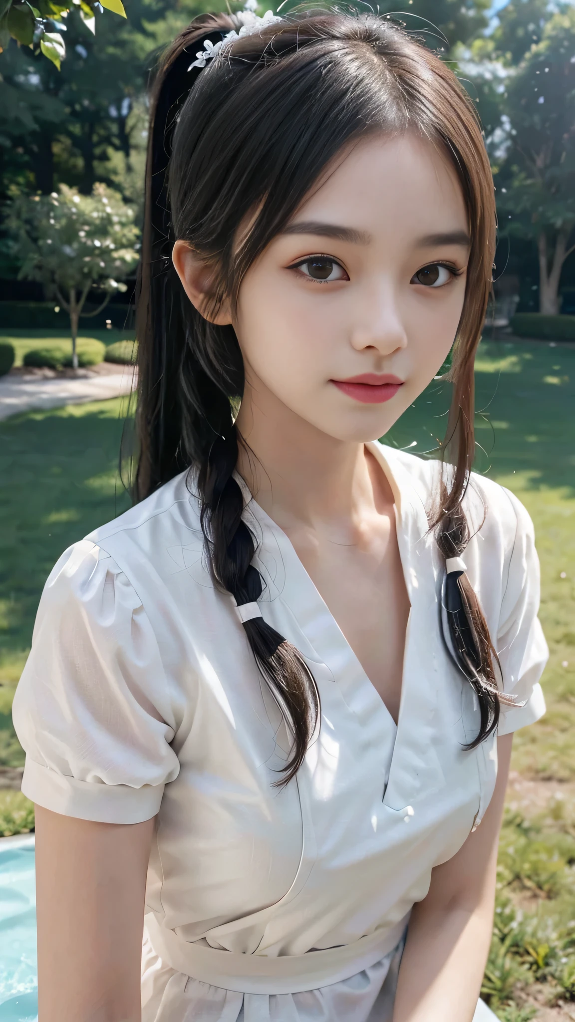 collared dress,European park,On the lawn,One woman,masutepiece, The highest image quality, High quality, the background is clear,Beautiful woman, Japanese,Ultra-detailed, finely detail, hight resolution, 8K Wallpaper, Perfect dynamic composition, Beautiful detailed eyes , Detailed, Detailed eyes, Detailed skin, Beautiful skin, 超hight resolution, (reality: 1.4),Very beautiful woman, Slightly younger face, Beautiful skin, slender, (Ultra photo realsisim), (hight resolution), (8K), (Very detailed) (beautifully detailed eyes), (super detailed), (Detailed face), view the viewer, Fine details, Detailed face, Staring straight ahead, Staring straight ahead, photos realistic, Bright lighting, Professional Lighting, Black hair,poneyTail,a baby face,sixteen years old,Hairstyle: ponytail,Long ponytail hairstyle,slight smile,neat and tidy clothing,Beautiful Japanese KPOP idol photo, hair style is ponytail, my eyes are double and wide, baby face, smile and look straight ahead, slender, small breasts,Close up face,