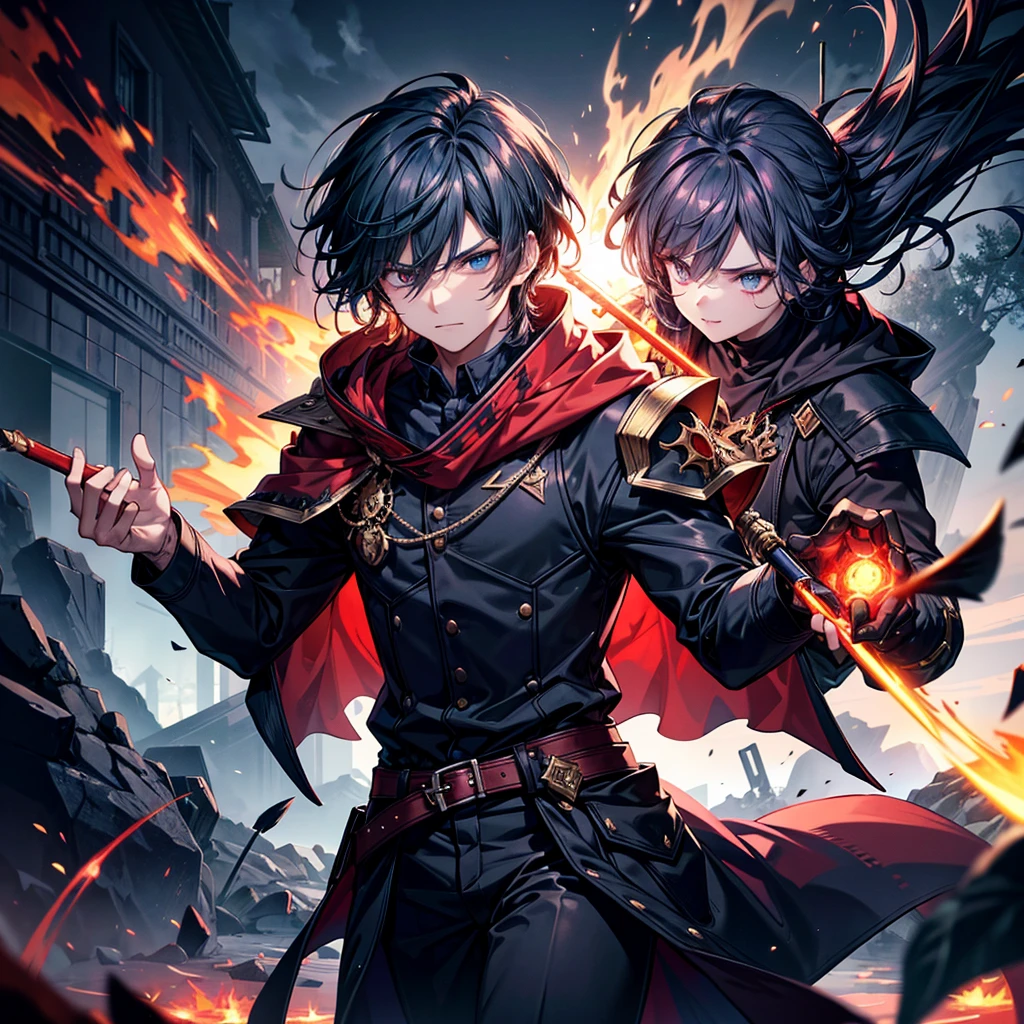 ((Highest quality)), ((masterpiece)), (detailed),
Create an intense battle scene between two characters, Kai and Magnus. Kai is a young male high school student with short black hair, dark blue eyes, and a moderately muscular build. He wears a simple white shirt and dark trousers, and is holding a knife in a ready position. His face has a few small blood splatters, and he has a determined yet calm expression, with a slight smile.
Magnus is a sinister dark mage with a menacing appearance. He has sharp, glowing eyes, and is clad in a tattered black robe adorned with ancient magical runes. His face is partially hidden by a hood, and he wields a staff topped with a glowing red gemstone, from which flames emanate. His posture is slightly hunched, adding to his eerie presence.
Background: Set in a dark, eerie forest or a ruined ancient temple, with shadows and flickering lights enhancing the ominous atmosphere. Include elements like burning trees, shattered stone structures, and magical symbols glowing on the ground.
Action and Expression: Kai lunges forward, knife gleaming, with a fierce and focused expression. Magnus retaliates by raising his staff, flames bursting forth. Their movements should be dynamic and fluid, capturing the intensity of the battle. Kai's slight smile should reflect his confidence and readiness, while Magnus's eyes should glow with malicious intent, his expression twisted in a wicked grin.
Additional Details: The background should complement the intense battle, with dramatic lighting and shadows that highlight the fierce conflict. Embers from the flames and glowing magical runes should add to the sense of motion and danger. The overall scene should be charged with energy, capturing the high stakes and relentless action of the fight.