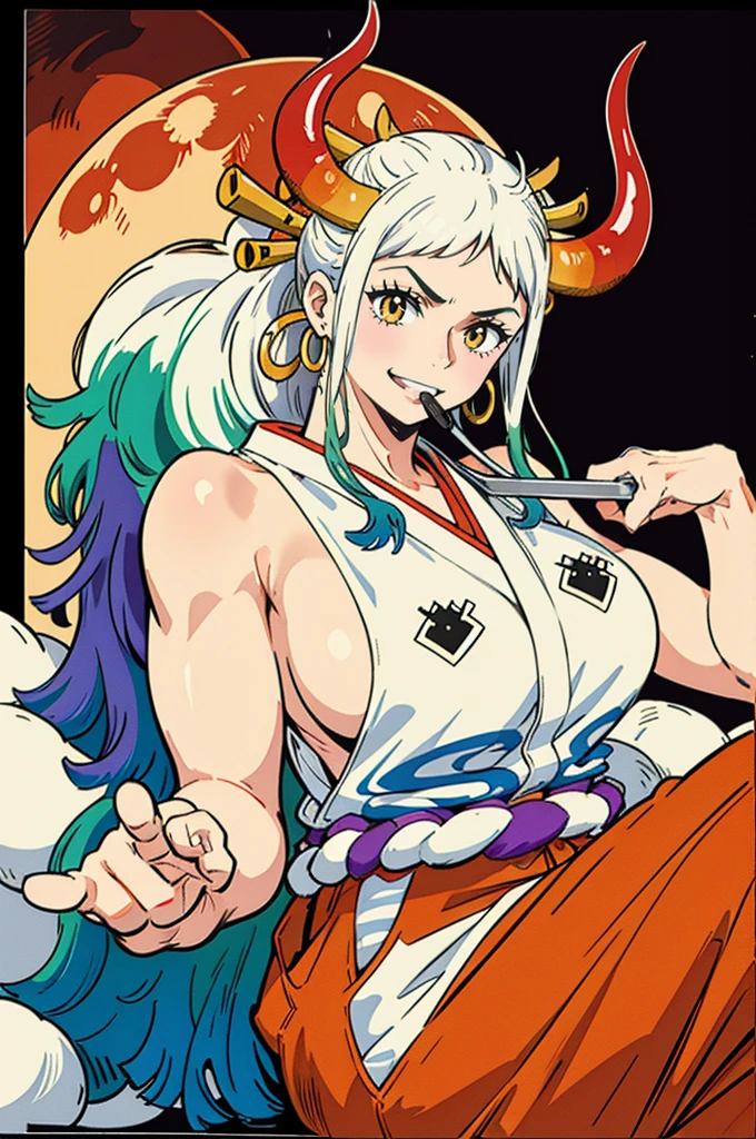 ultra realistic 8k cg, masterpiece, ((ultra detailed background, delicate pattern, intricate detail)), (highly detailed, fine details), best quality, (photorealistic:1.4),beautiful lighting, absurdres, RAW photo, film grain, ((Big breasts, Masculine girl)), Yamato, long hair, 1girl, horns, white hair, solo, oni, red horns, curled horns, hair ornament, (multicolored horns), jewelry, earrings, japanese clothes, kimono, hair stick, sleeveless, bare shoulders, aqua hair, sidelocks, hoop earrings, hakama, smile, wide smile, ((orange eyes, Masculine girl, Big breasts)), (complex detailed background, barren land, moon, portrait, close-up),a woman in a nappy plays with a dildo in her face, 1girl, mouth mask, solo, mask, phone, object insertion, v, pussy, anal, anal object insertion, holding phone, pubic hair, cellphone, thighhighs, female pubic hair, lying, black hair, smartphone, shoes, on back, white thighhighs, sex toy, stuffed toy, anus, holding, selfie, feet, looking at viewer