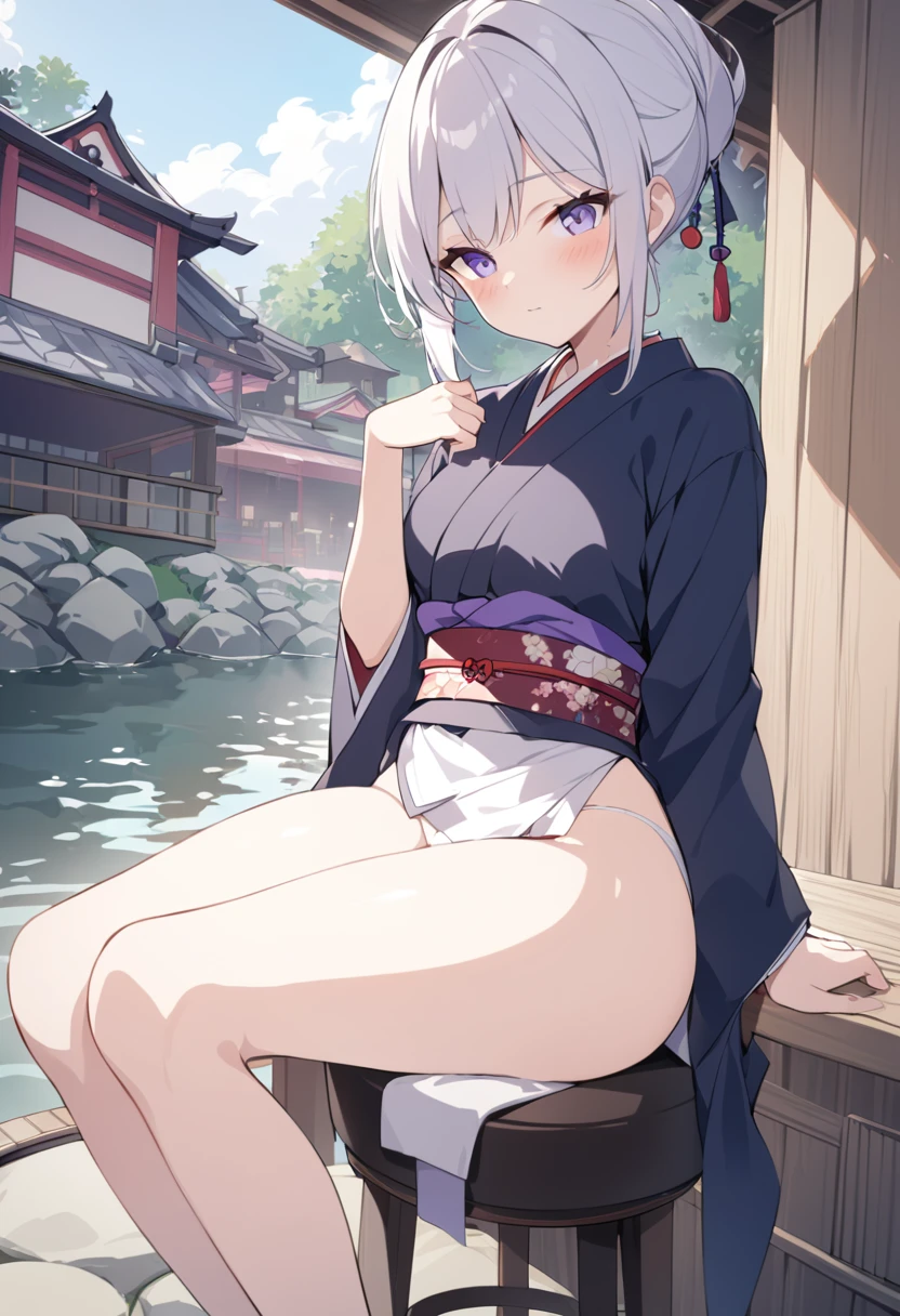 a girl sitting on barstool, Japanese Clothes, ((short cloth)), white panties, hot-spring city
