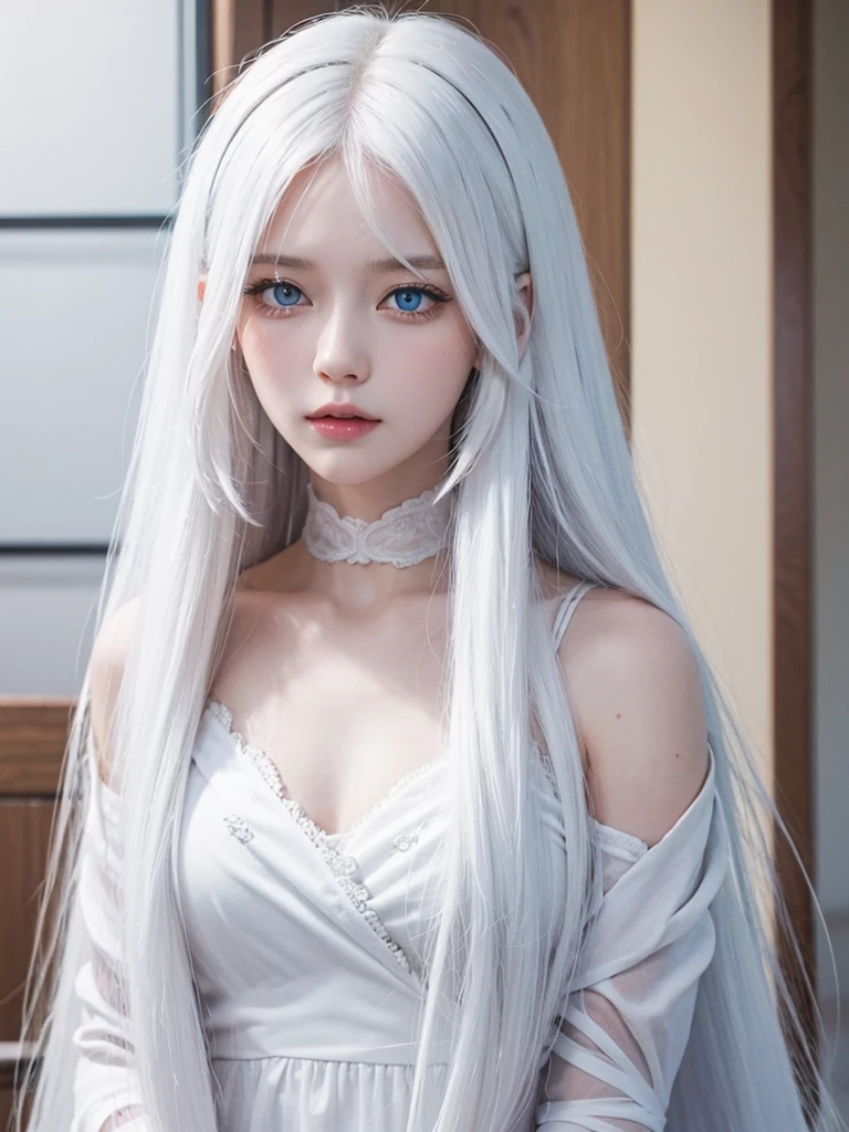 Long white hair, blue eyes, serious features, white skin, Sakura