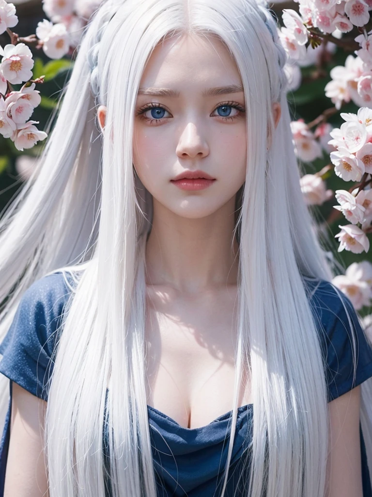Long white hair, blue eyes, serious features, white skin, Sakura