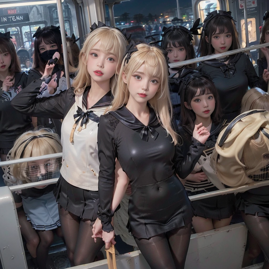 8K resolution, surreal, Super detailed, high quality, perfect anatomy, perfect proportion, masterpiece, nsfw++,
((((((A group photo in crowded train at night, 6 girls, group photo)))))),
(((((black face mask, sailor collar, sailor uniform, Lace, micro mini skirt, bow ribbon))))),
((((grin, detailed face, blush)))),
((((blond hair, bleached hair)))), (((impossible breasts))),
(((shiny oiled skin, detailed skin))),
(((tight clothes, thigh, thin black pantyhose))), looking at viewer