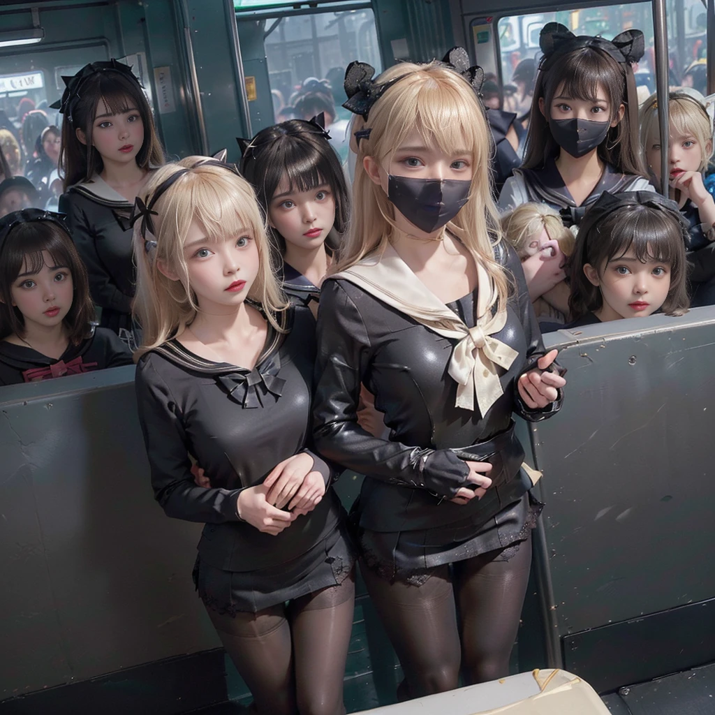 8K resolution, surreal, Super detailed, high quality, perfect anatomy, perfect proportion, masterpiece, nsfw++,
((((((A group photo in crowded train at night, 6 girls, group photo)))))),
(((((black face mask, sailor collar, sailor uniform, Lace, micro mini skirt, bow ribbon))))),
((((grin, detailed face, blush)))),
((((blond hair, bleached hair)))), (((impossible breasts))),
(((shiny oiled skin, detailed skin))),
(((tight clothes, thigh, thin black pantyhose))), looking at viewer