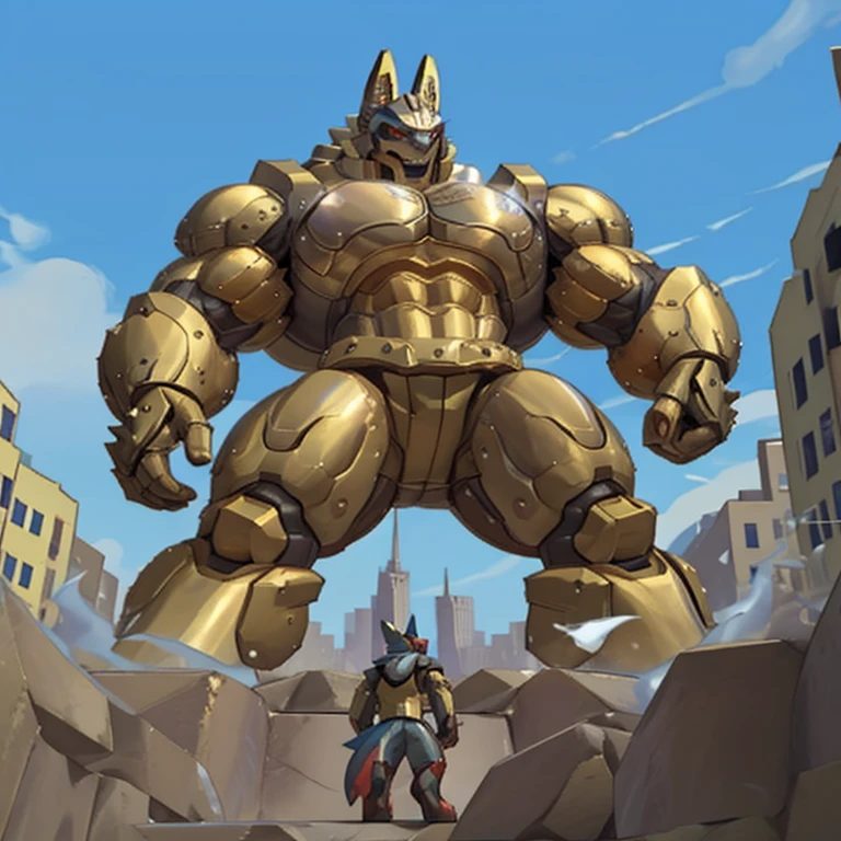 (Solo. masterpiece. official art. 8k. best quality. detailed full body. full body.)
(situation 1 : dominating Shiny_Mega_Lucario. Shiny_Mega_Lucario is over 1000 meters long. focus GIANT mechanical Muscular Shiny_Mega_Lucario is trampling the city. Looking down. macro. stomp. Low-angle perspective. emphasizing the immense size.)

(situation 2 :smoke and flames rising from the destruction in the city)

(Additional details 1: wearing a full-face helmet. golden armor. Armored Flazzard. Armored_Flazzard. high-tech bio-mecha armor. real texture material. whole body shines like metal. Wearing cyberpunk mecha. emphasizes the muscles. suit fully made of metal. intricate armor. Robotic suit. suit fully made of metal. cyborg. He is wearing a golden cloak.).

(Additional details 2: (Detailed head. Detailed Body. Detailed abs. gigantic muscles. HYPER MUSCLES. Gigachad Muscular. big muscle. pecs. triceps. traps. unusually developed muscular body. body full of huge muscles. showing off muscles. pectorales enormes. Exaggeratedly huge muscles. huge muscles. long legs.).

(Additional details 3: Spread wings. It has wings. have big wings. The claws are sharp. Sharp teeth).

(Additional details 4: golden hyper penis. hyper golden penis. big penis)