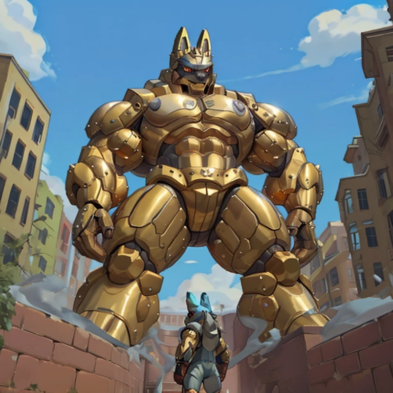 (Solo. masterpiece. official art. 8k. best quality. detailed full body. full body.)
(situation 1 : dominating Shiny_Mega_Lucario. Shiny_Mega_Lucario is over 1000 meters long. focus GIANT mechanical Muscular Shiny_Mega_Lucario is trampling the city. Looking down. macro. stomp. Low-angle perspective. emphasizing the immense size.)

(situation 2 :smoke and flames rising from the destruction in the city)

(Additional details 1: wearing a full-face helmet. golden armor. Armored Flazzard. Armored_Flazzard. high-tech bio-mecha armor. real texture material. whole body shines like metal. Wearing cyberpunk mecha. emphasizes the muscles. suit fully made of metal. intricate armor. Robotic suit. suit fully made of metal. cyborg. He is wearing a golden cloak.).

(Additional details 2: (Detailed head. Detailed Body. Detailed abs. gigantic muscles. HYPER MUSCLES. Gigachad Muscular. big muscle. pecs. triceps. traps. unusually developed muscular body. body full of huge muscles. showing off muscles. pectorales enormes. Exaggeratedly huge muscles. huge muscles. long legs.).

(Additional details 3: Spread wings. It has wings. have big wings. The claws are sharp. Sharp teeth).

(Additional details 4: golden hyper penis. hyper golden penis. big penis)