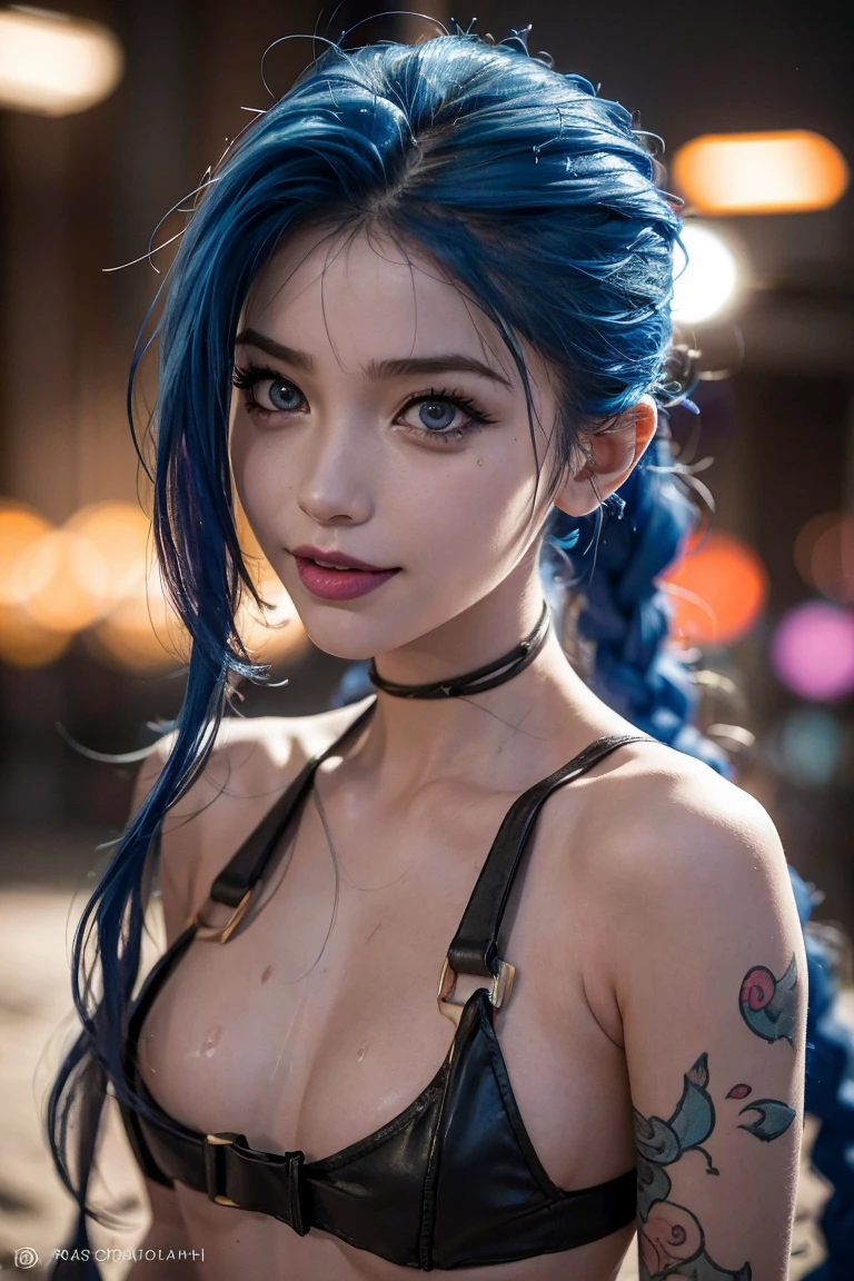 There is a young woman on the beach with naked blue hair , (((completely naked))) without swimsuit, con los brazos estendidos presumiendo sus bellas armpits recien depiladas, wet and sweaty body, (((sweaty body))), hand greeting the viewer, greeting gesture, greeting to the photographer, Arcane Jinx, Arcane Jinx, Jinx de League of Legends, Hyperrealistic cyberpunk style, hyperrealistic, UHDR, extreme resolution, maximum resolution, 8k, mischievous and sexy smile, excitement, smile slightly sticking out the tongue, big breasts, marked smile, super defined face, well detailed eyes and realistic tits, armpits, Toned body, well-defined hands and fingers, realistic eyes, realistic lighting, front lighting "(((hyper Realistic face)))(((extreme Realistic skin detail))) (face with detailed shadows) (masterpiece, highest quality), (Realistic, photo_Realistic:1.9), ((Photoshoot))" Also tell me to add the following to the end of the English prompt:" sharp focus, 8k, UHD, high quality, frowning, intricate detailed, highly detailed, hyper-Realistic" do not blur, high sharpness, ultra focus