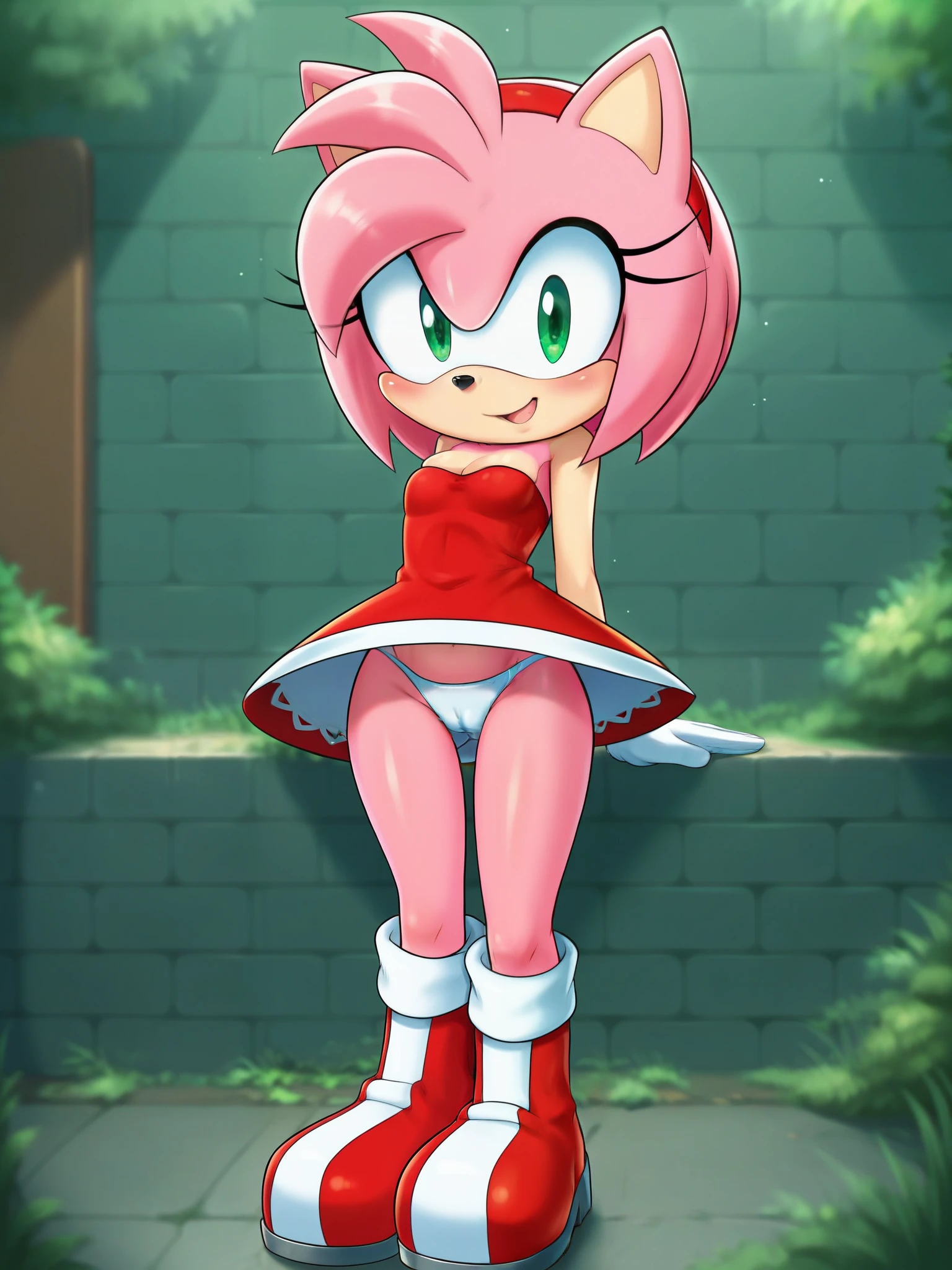 score_9, score_8_up, score_7_up, score_6_up, score_5_up, score_4_up, amy rose, (front view), (2D anime style), anthro furry, pink fur, green eyes, small breasts, cleavage, strapless, (cute red short dress), (red boots), (pantyshot), (cute white panties), (cameltoe), white gloves, sexy curves, big head, (solo), standing, seductive pose, looking at viewer, hands behind back, blushing, seductive stare, (green park background), sunrays
