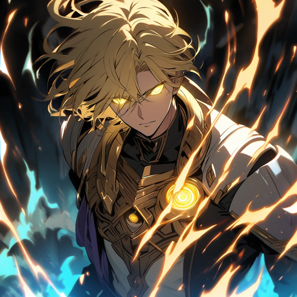male, solo, handsome, blond hair, god, god eyes, glowing eyes, light, aura, holo, golden