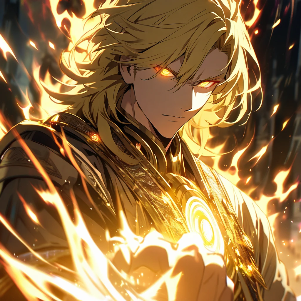 male, solo, handsome, blond hair, god, god eyes, glowing eyes, light, aura, holo, golden