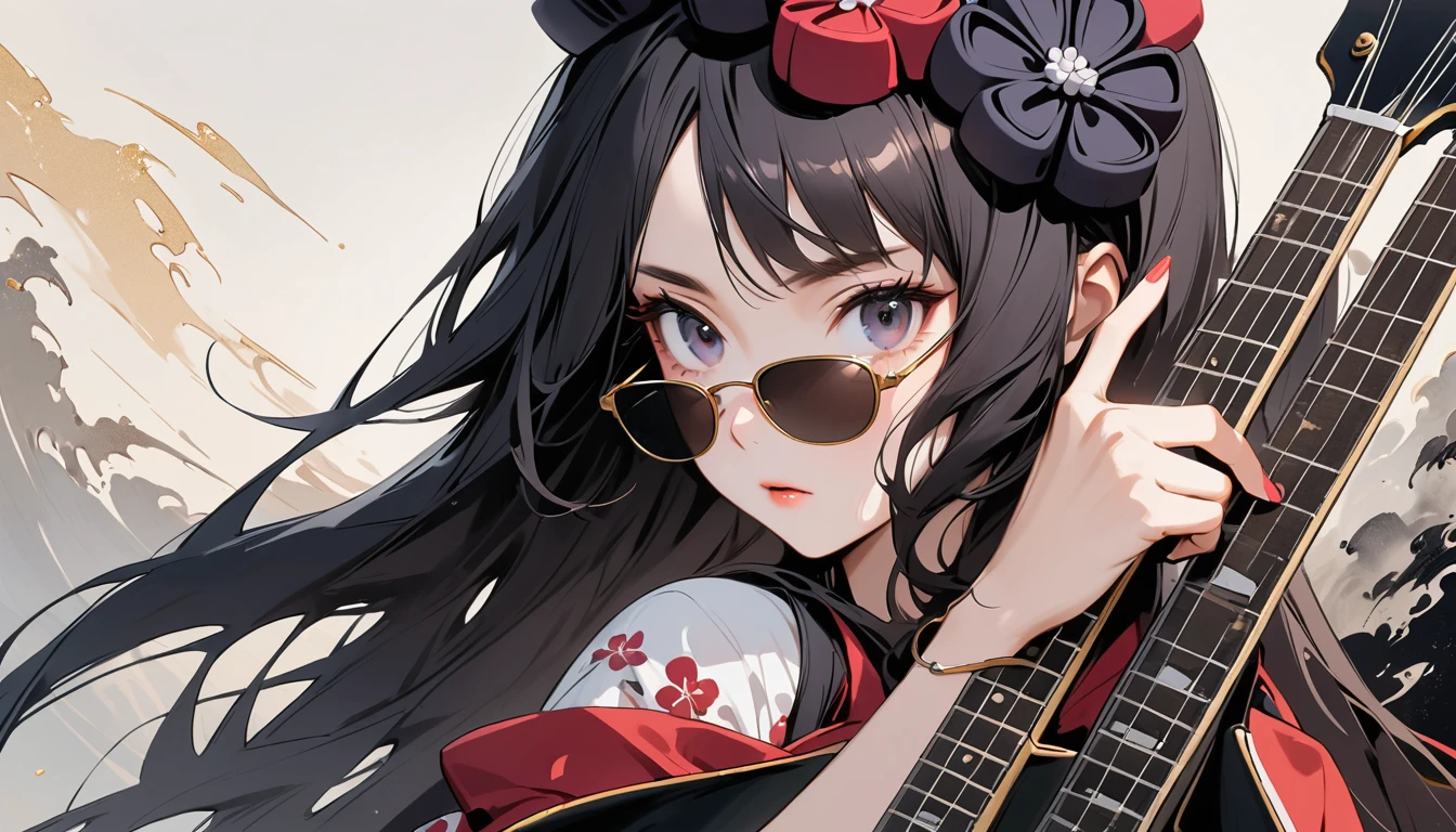 (((Highest quality))), (((Katsushika Hokusai))), (((Ink Painting))), ((very straight longhair)), ((1 girl)), ((sunglasses)), ((beautiful girl)), ((Holding a Les Paul guitar)), Japanese style headphones, Black Hair, Delicate and precise, Modern ukiyo-e style, face close up
