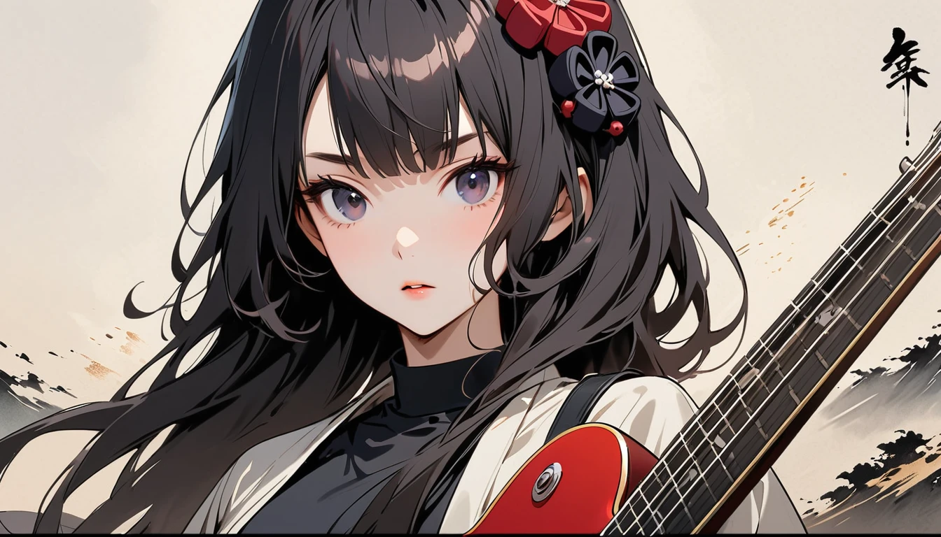 (((Highest quality))), (((Katsushika Hokusai))), (((Ink Painting))), ((very straight longhair)), ((1 girl)), ((sunglasses)), ((beautiful girl)), ((Holding a Les Paul guitar)), Japanese style headphones, Black Hair, Delicate and precise, Modern ukiyo-e style, face close up