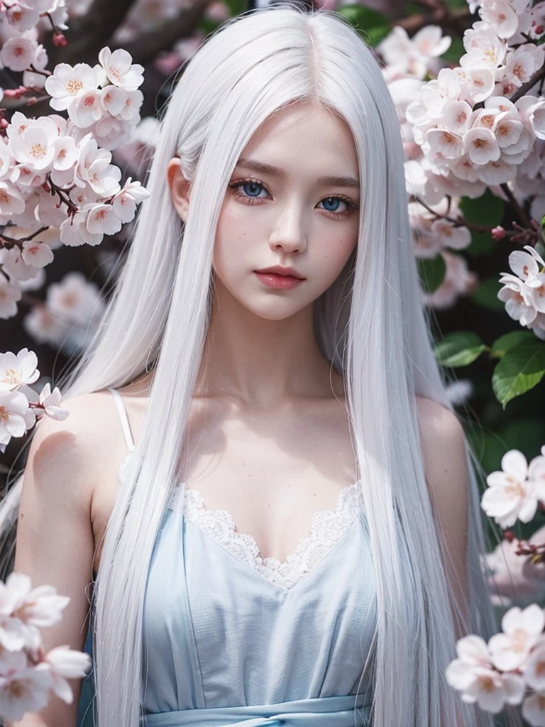 Long white hair, blue eyes, serious features, white skin, cherry blossom 