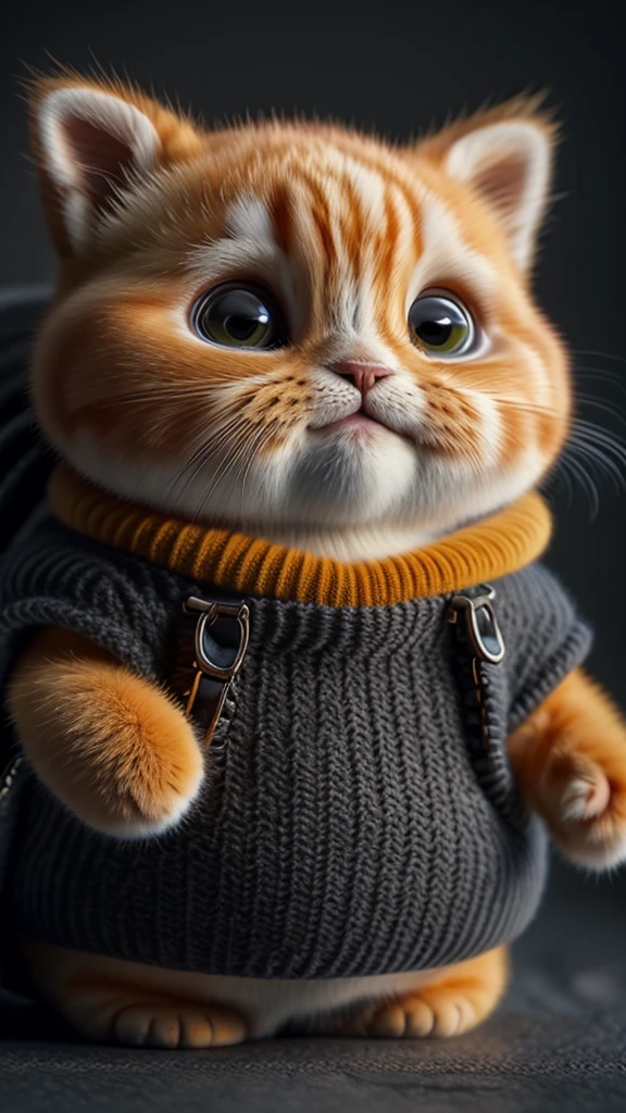 cat, orange, fat, garfield, no_human, depth_of_field, disney_style, dark_glam, glam wearing_overalls, deep shadow, (dark: 1.4), (8k, raw photo, best quality, masterpiece: 1.2), happy expression, front camera angle, full body