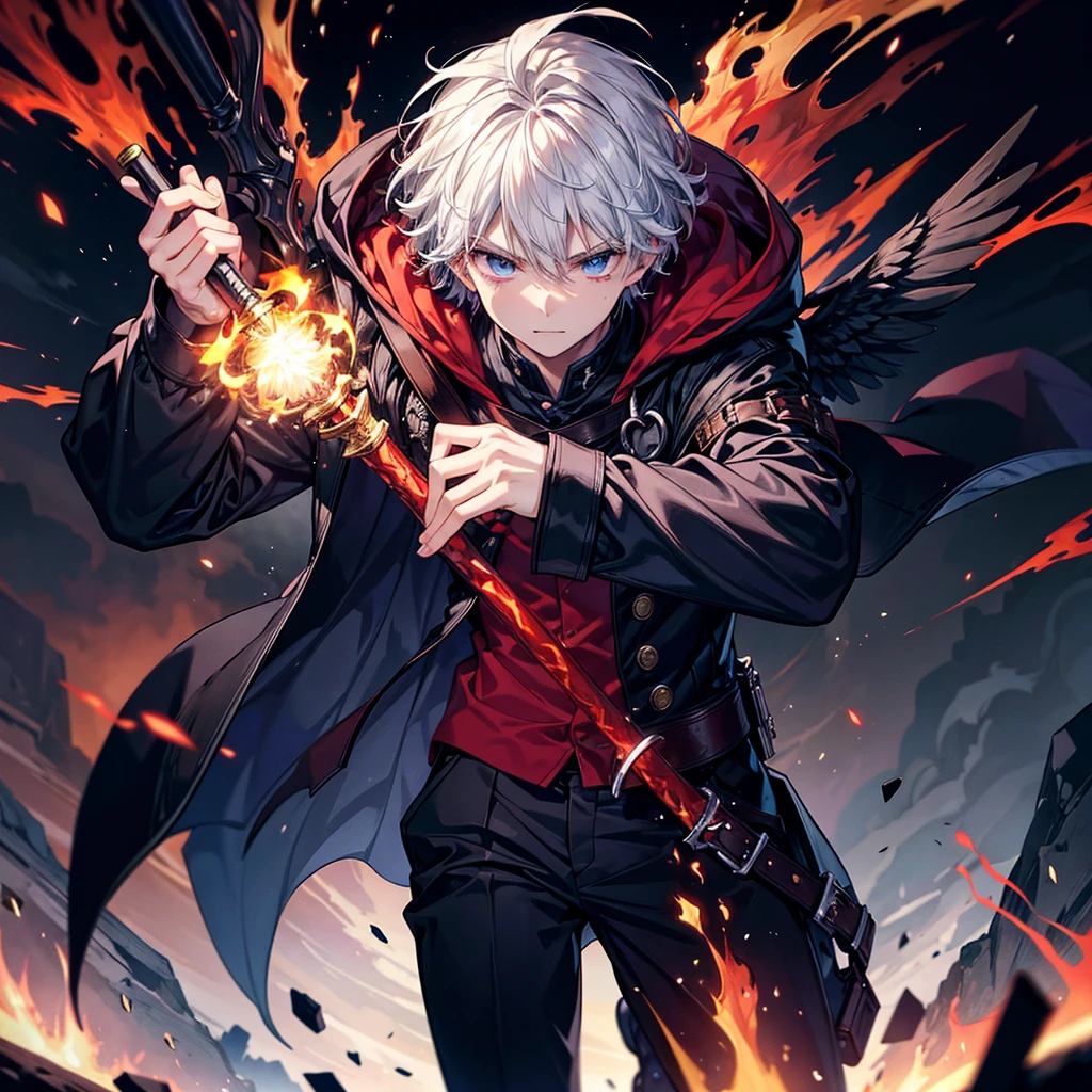 ((Highest quality)), ((masterpiece)), (detailed),
Create an intense battle scene between two characters, Kai and Magnus. Kai is a young male high school student with short black hair, dark blue eyes, and a moderately muscular build. He wears a simple white shirt and dark trousers, and is holding a knife in a ready position. His face has a few small blood splatters, and he has a determined yet calm expression, with a slight smile.
Magnus is a sinister dark mage with a menacing appearance. He has sharp, glowing eyes, and is clad in a tattered black robe adorned with ancient magical runes. His face is partially hidden by a hood, and he wields a staff topped with a glowing red gemstone, from which flames emanate. His posture is slightly hunched, adding to his eerie presence.
Background: Set in a dark, eerie forest or a ruined ancient temple, with shadows and flickering lights enhancing the ominous atmosphere. Include elements like burning trees, shattered stone structures, and magical symbols glowing on the ground.
Action and Expression: Kai lunges forward, knife gleaming, with a fierce and focused expression. Magnus retaliates by raising his staff, flames bursting forth. Their movements should be dynamic and fluid, capturing the intensity of the battle. Kai's slight smile should reflect his confidence and readiness, while Magnus's eyes should glow with malicious intent, his expression twisted in a wicked grin.
Additional Details: The background should complement the intense battle, with dramatic lighting and shadows that highlight the fierce conflict. Embers from the flames and glowing magical runes should add to the sense of motion and danger. The overall scene should be charged with energy, capturing the high stakes and relentless action of the fight.