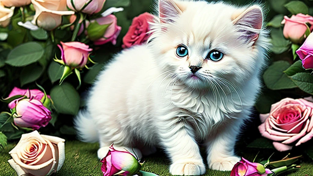 In this ultra-detailed CG art, Adorable white kitten surrounded by fantastic roses, Highest quality, High resolution, Intricate details, Fantasy, Cute Animals